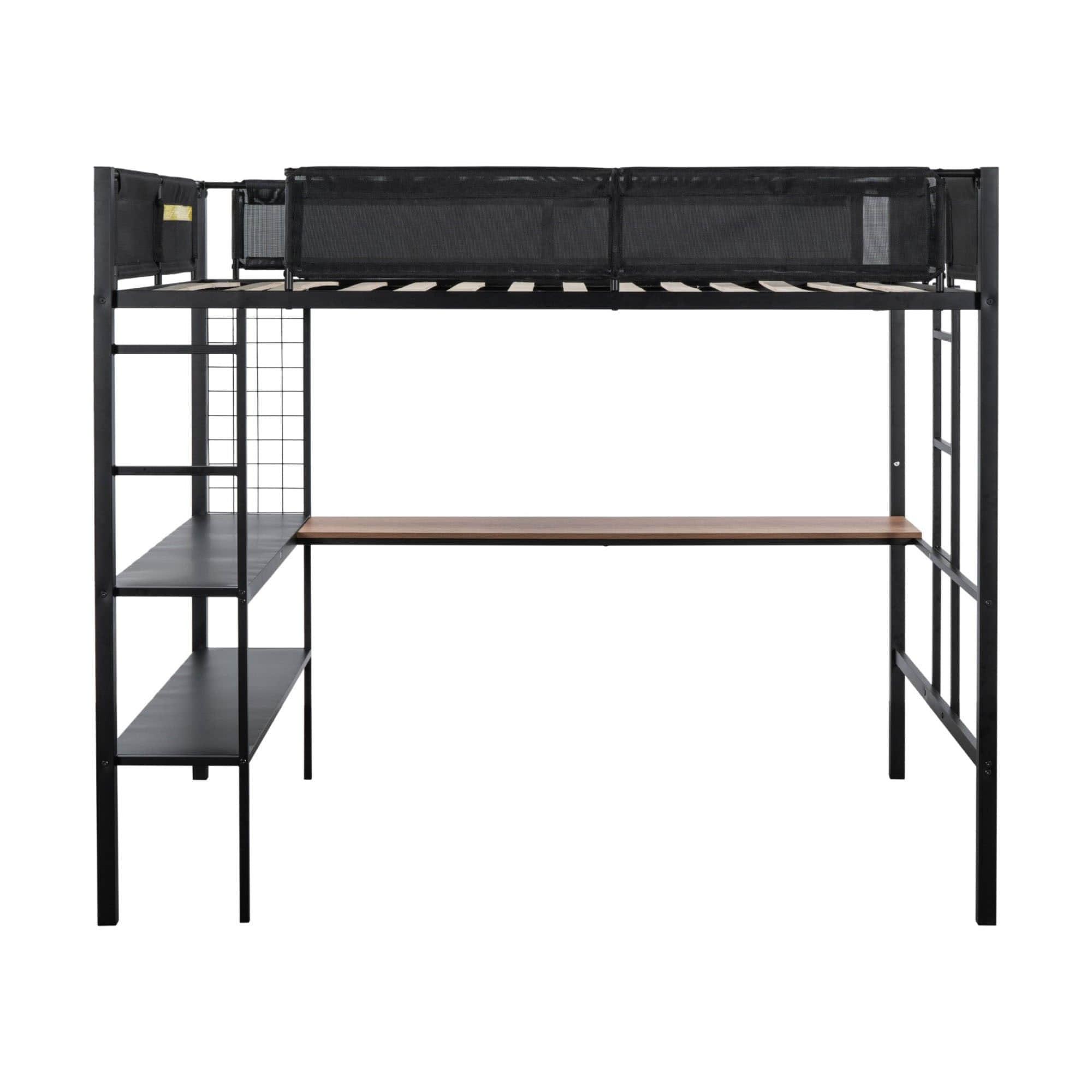 Metal Sturdy Full Size Loft Bed with Desk and Storage Shelves - [Noise Free]