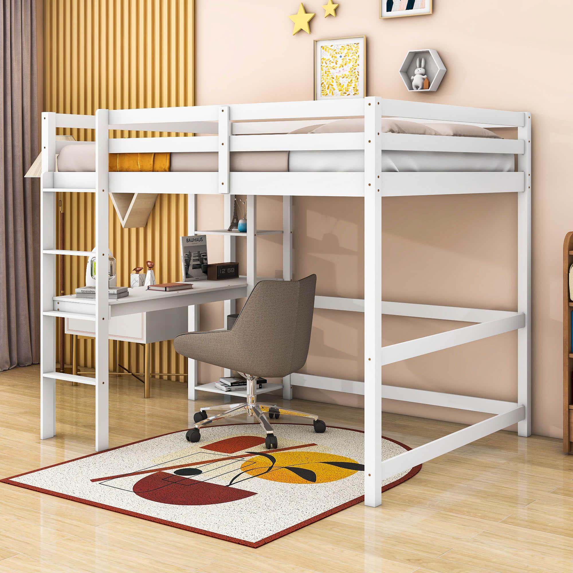 Wood Full Size Loft Bed with Desk and Storage Shelves for Kids, Teens