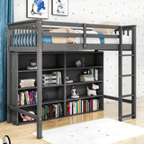 Wood Twin Loft Bed with Large Open Storage Shelves for Adults, Kids