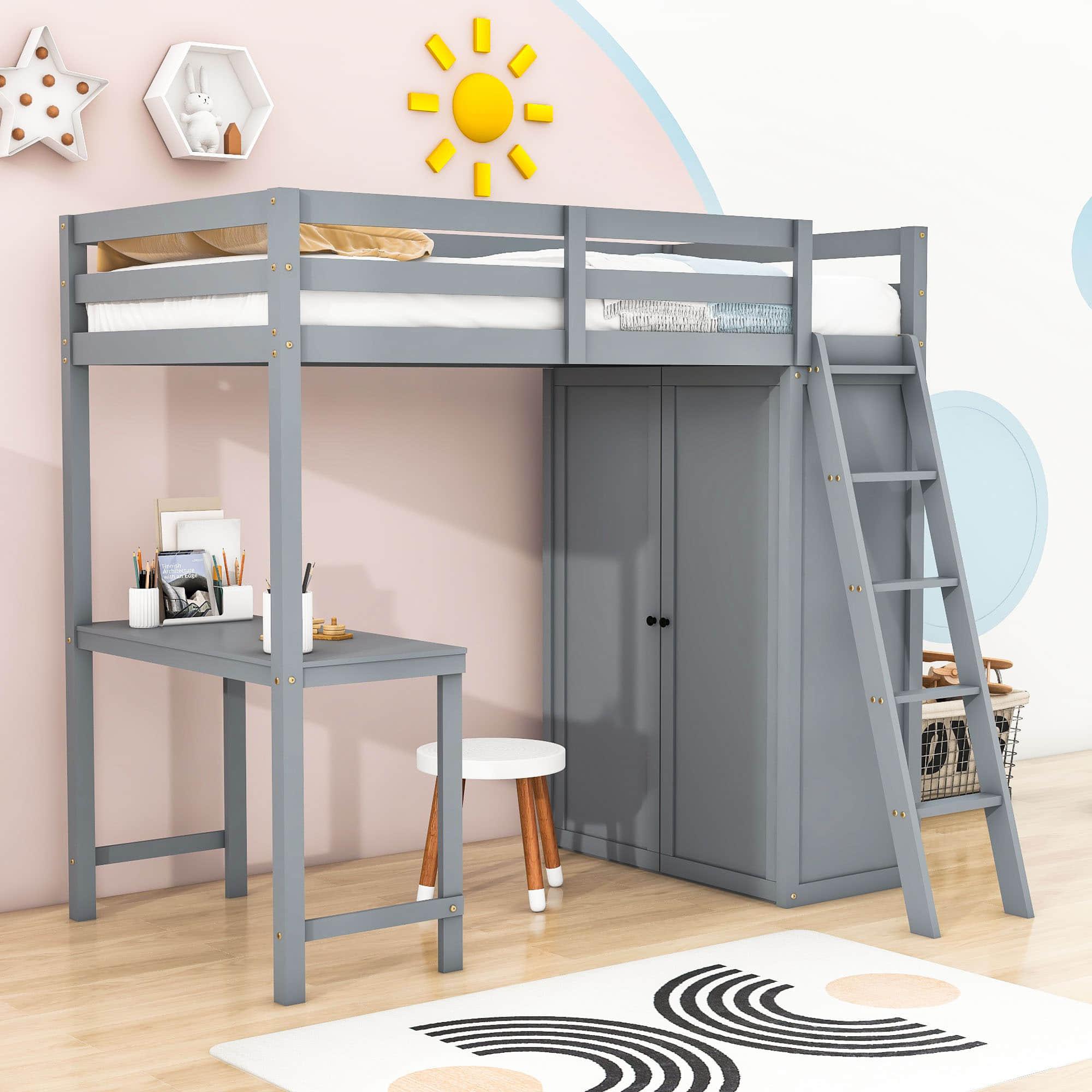 Wood Twin Loft Bed with Desk and Storage for Adults, Kids - [Wardrobe]