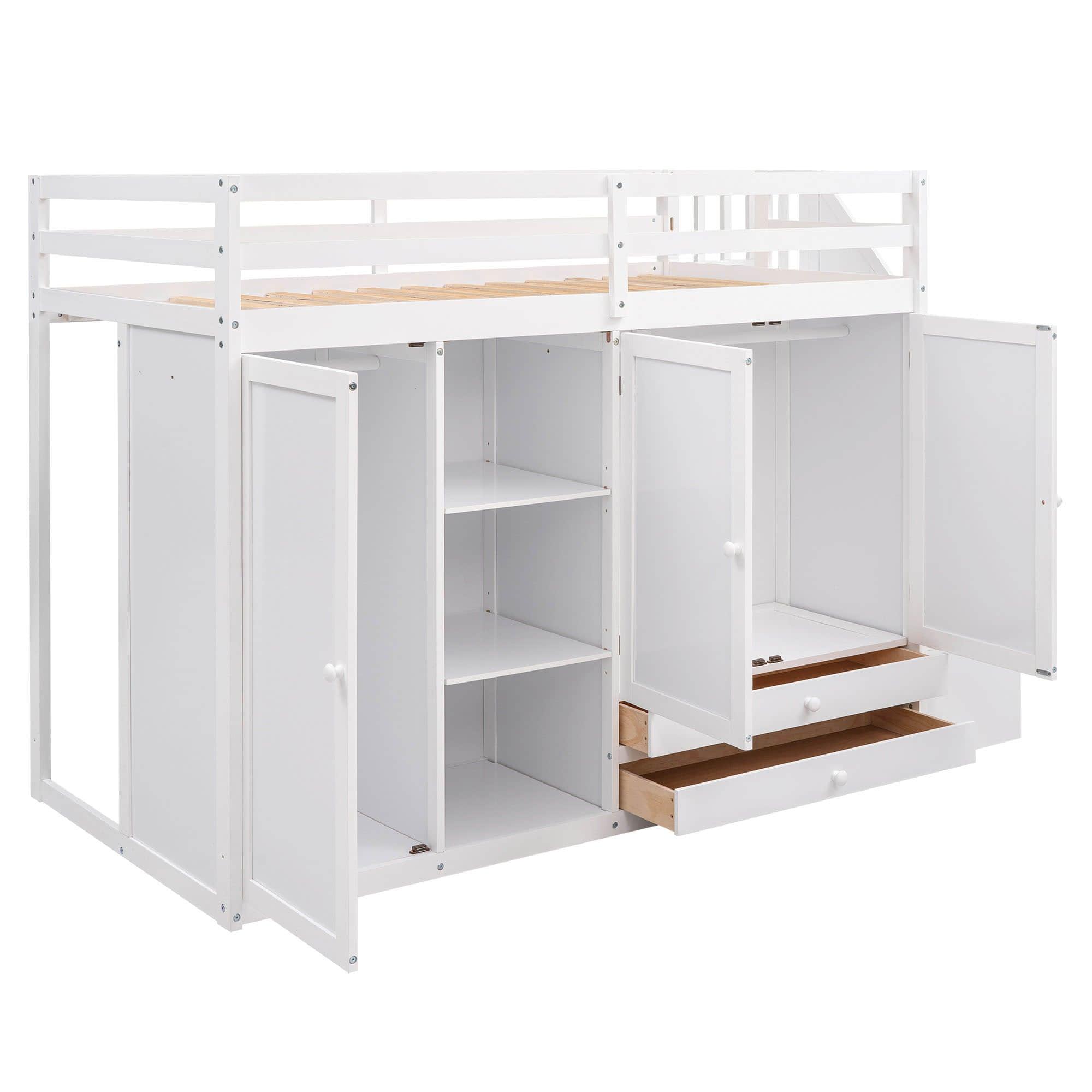 Medium Twin Loft Bed with Stairs and Storage - [Wood, Drawers, Wardrobe, Shelves]