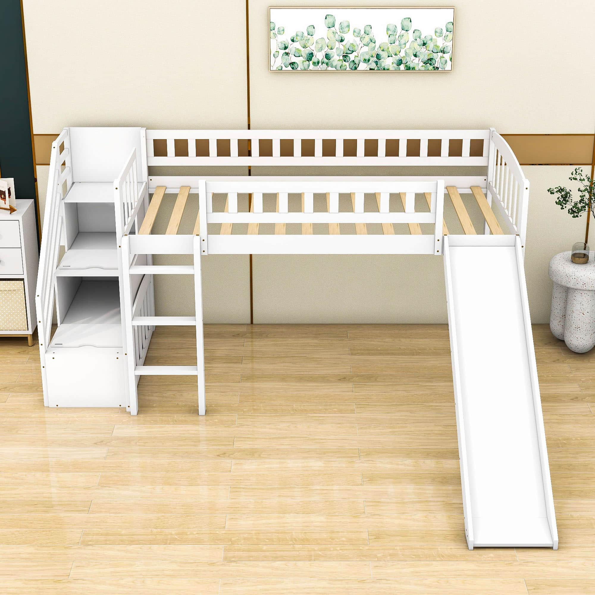 Low Twin Loft Bed with Storage Stairs and Slide - [Wood, Interchangeable]