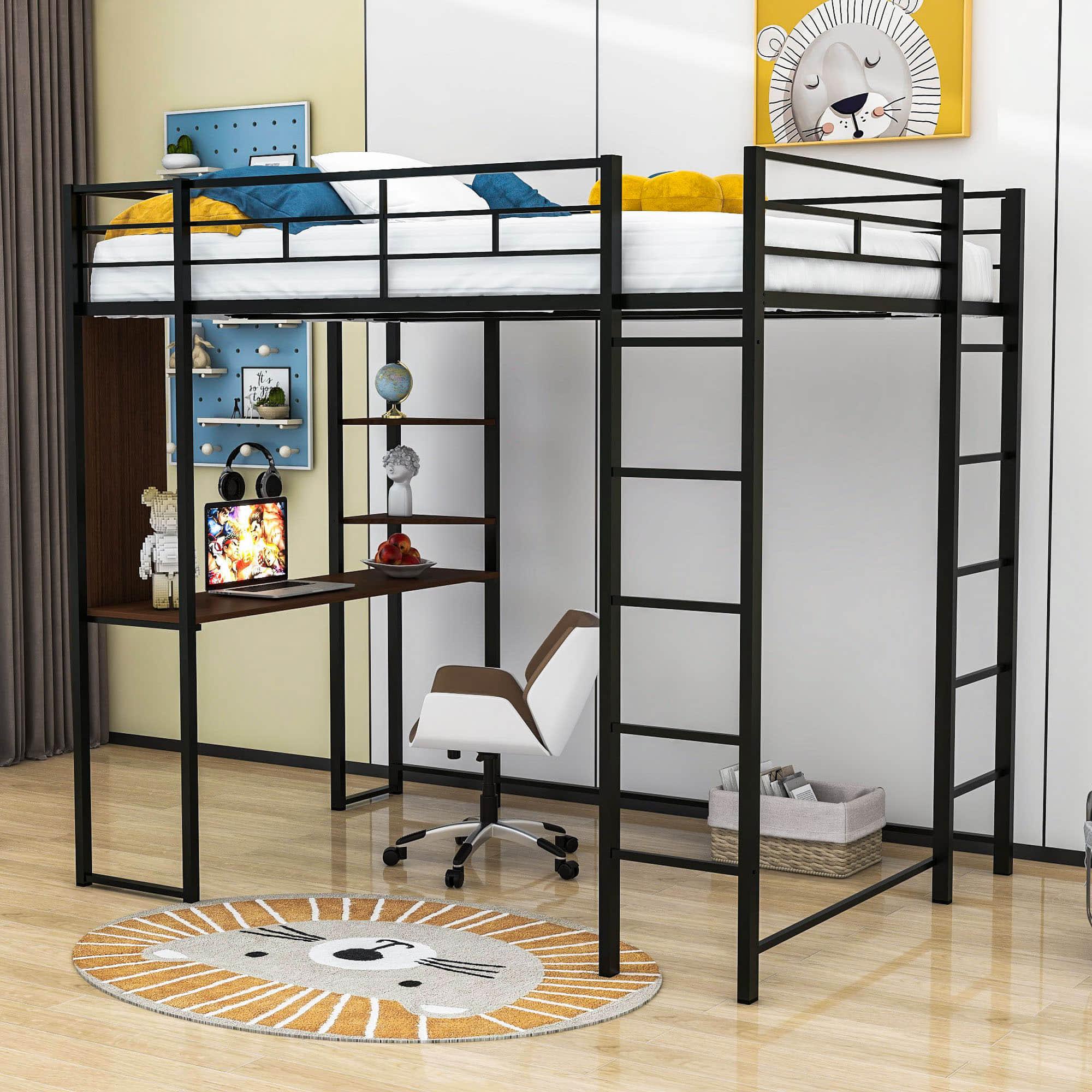 Metal Full Size Loft Bed Frame with Desk and Shelves - [2 Ladders]