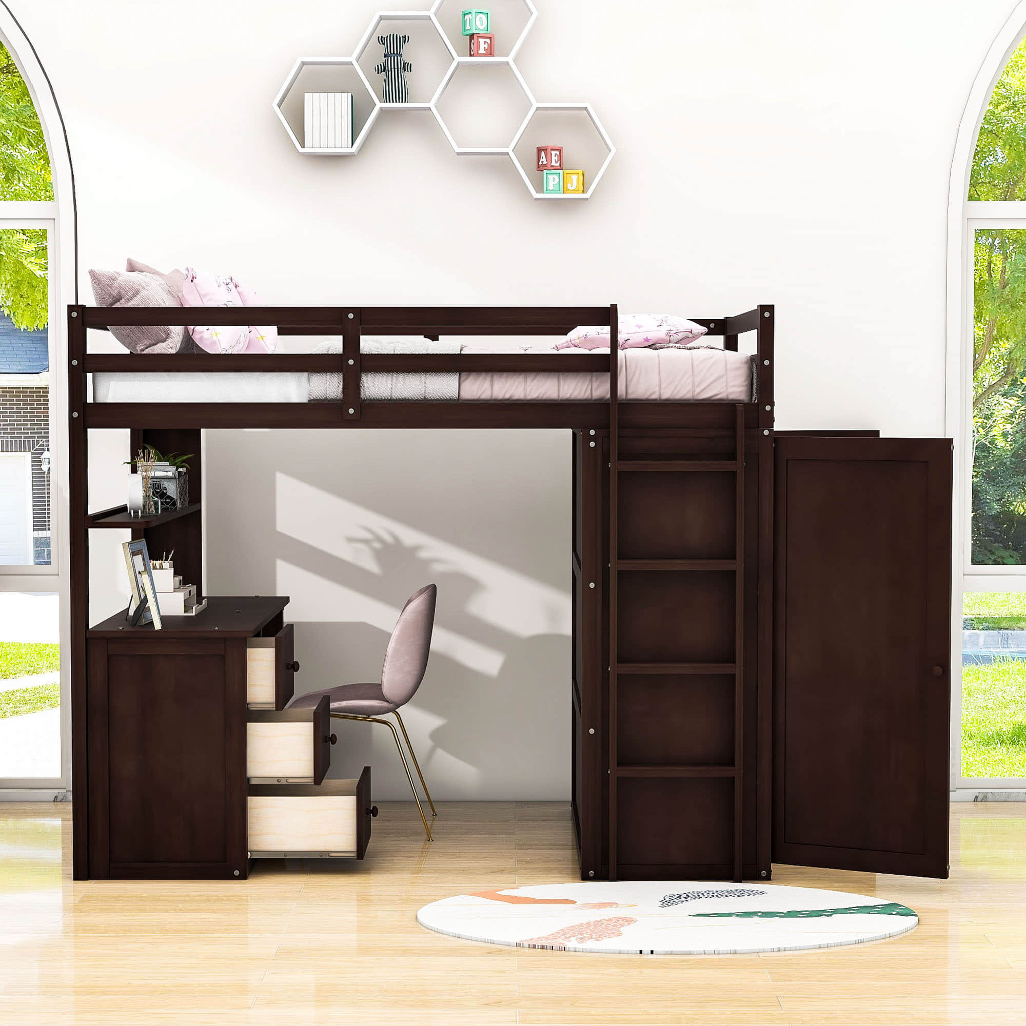 Wood Twin Loft Bed with Desk and Storage for Kids, Adults - [Wardrobe]