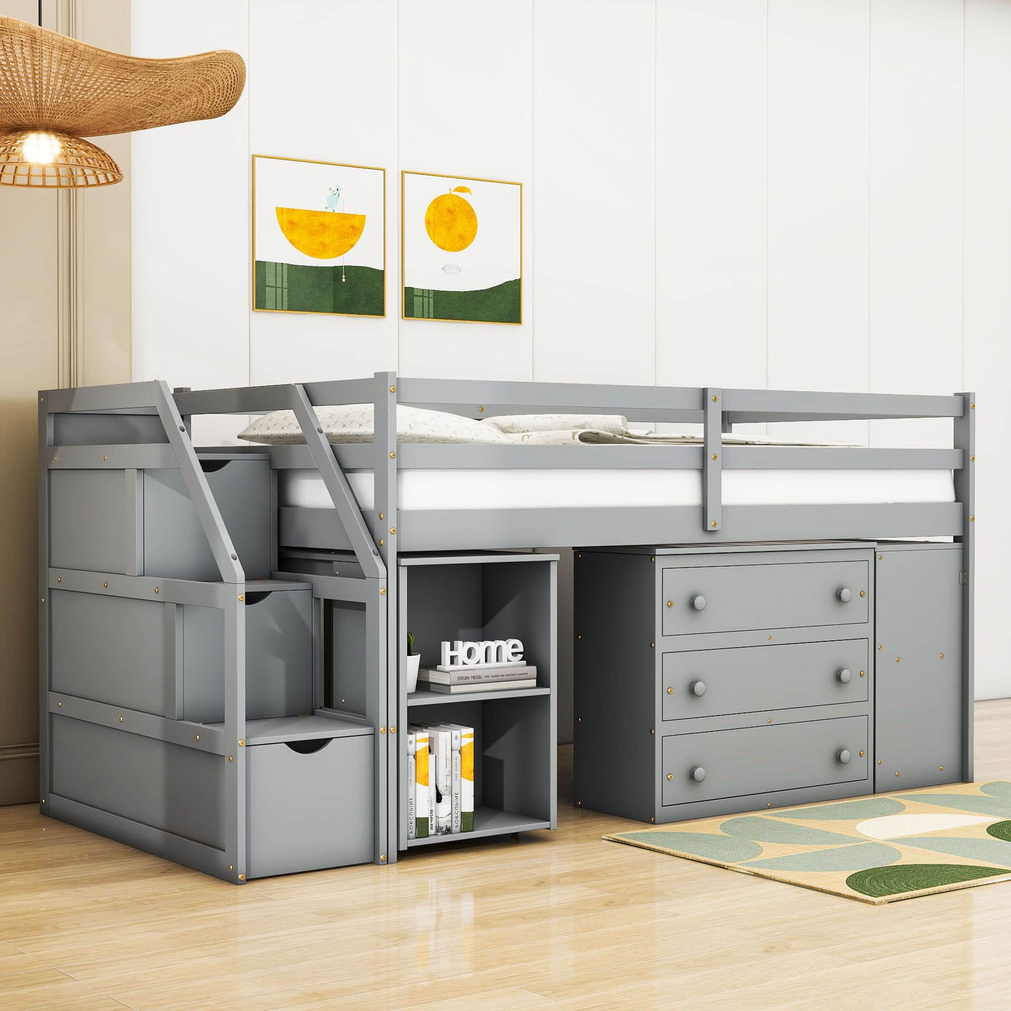 Low Twin Kids Loft Bed with Desk and Stairs, Storage - [Dresser]