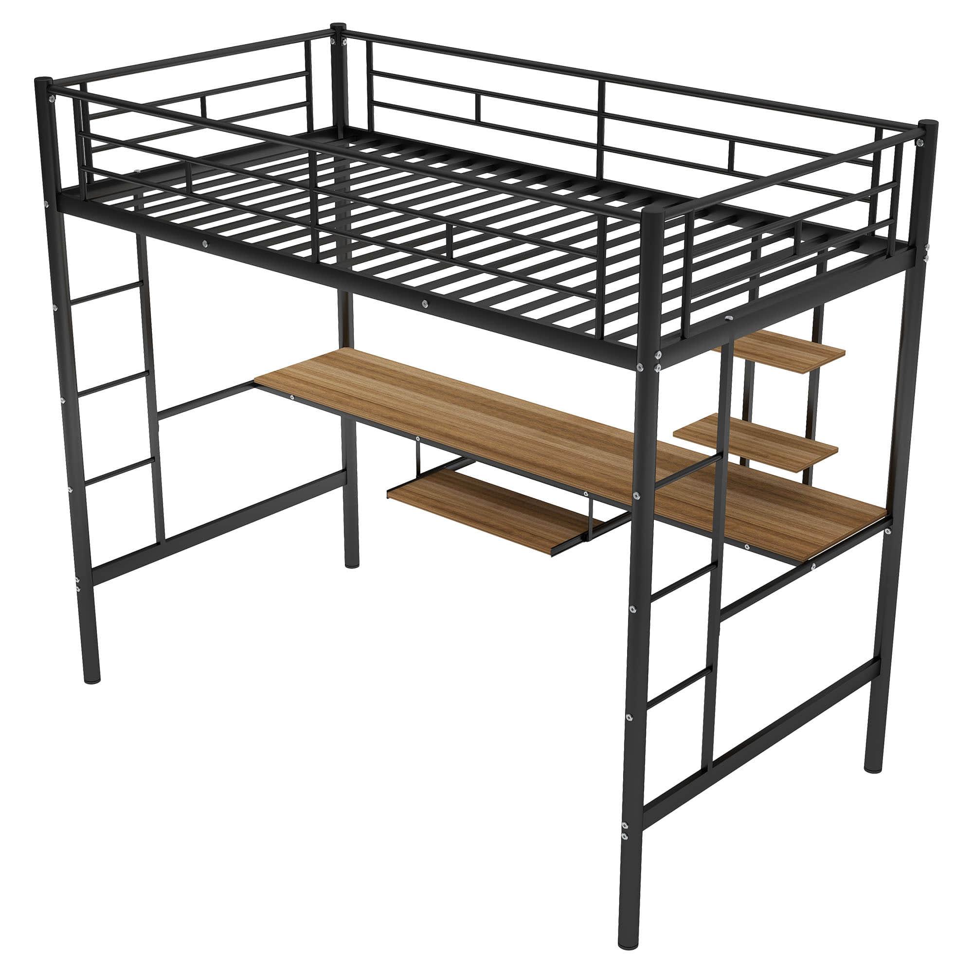 Metal Twin Gaming Loft Bed Frame with Desk and Shelves - [2 Ladders]