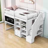 Twin Loft Bed with Stairs and Desk, Storage - [Wood, Drawers, Shelves, Blackboard]