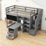 Twin Loft Bed with Stairs and Desk, Storage - [Wood, Drawers, Shelves, Blackboard]