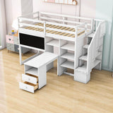 Twin Loft Bed with Stairs and Desk, Storage - [Wood, Drawers, Shelves, Blackboard]