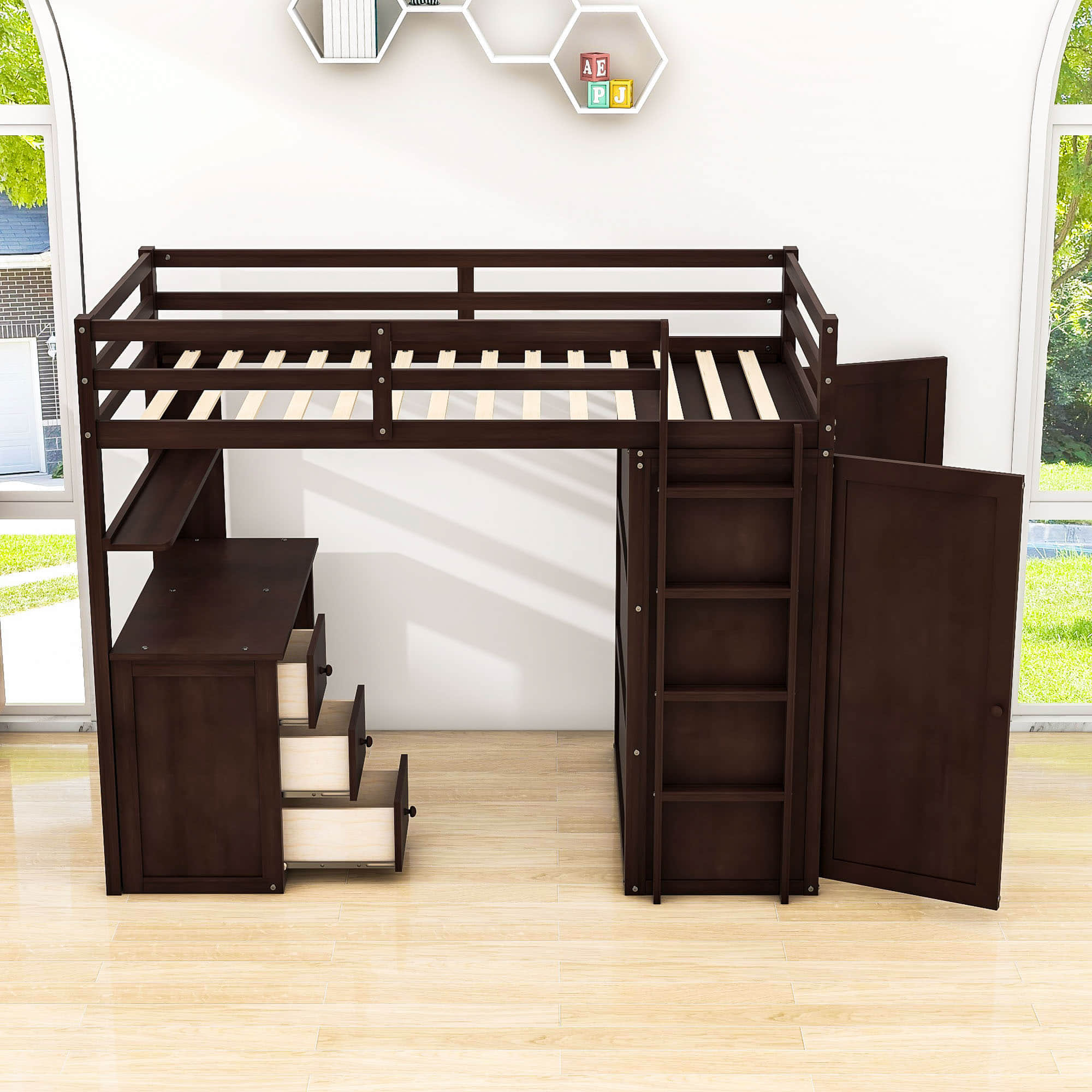 Wood Twin Loft Bed with Desk and Storage for Kids, Adults - [Wardrobe]