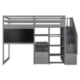 Twin Loft Bed with Stairs and Desk, Storage - [Wood, Drawers, Shelves, Blackboard]