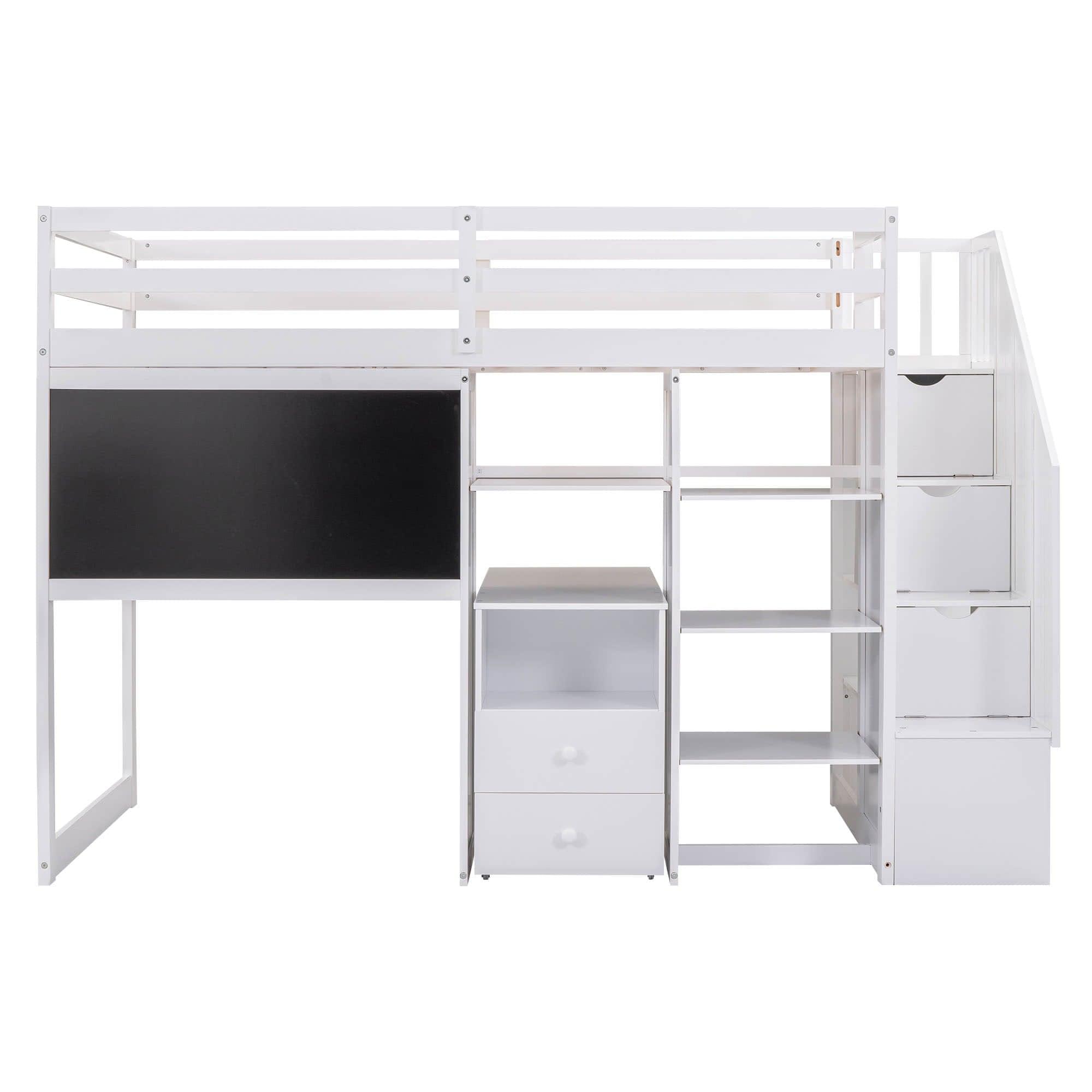 Twin Loft Bed with Stairs and Desk, Storage - [Wood, Drawers, Shelves, Blackboard]