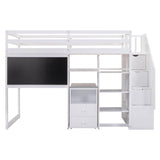 Twin Loft Bed with Stairs and Desk, Storage - [Wood, Drawers, Shelves, Blackboard]