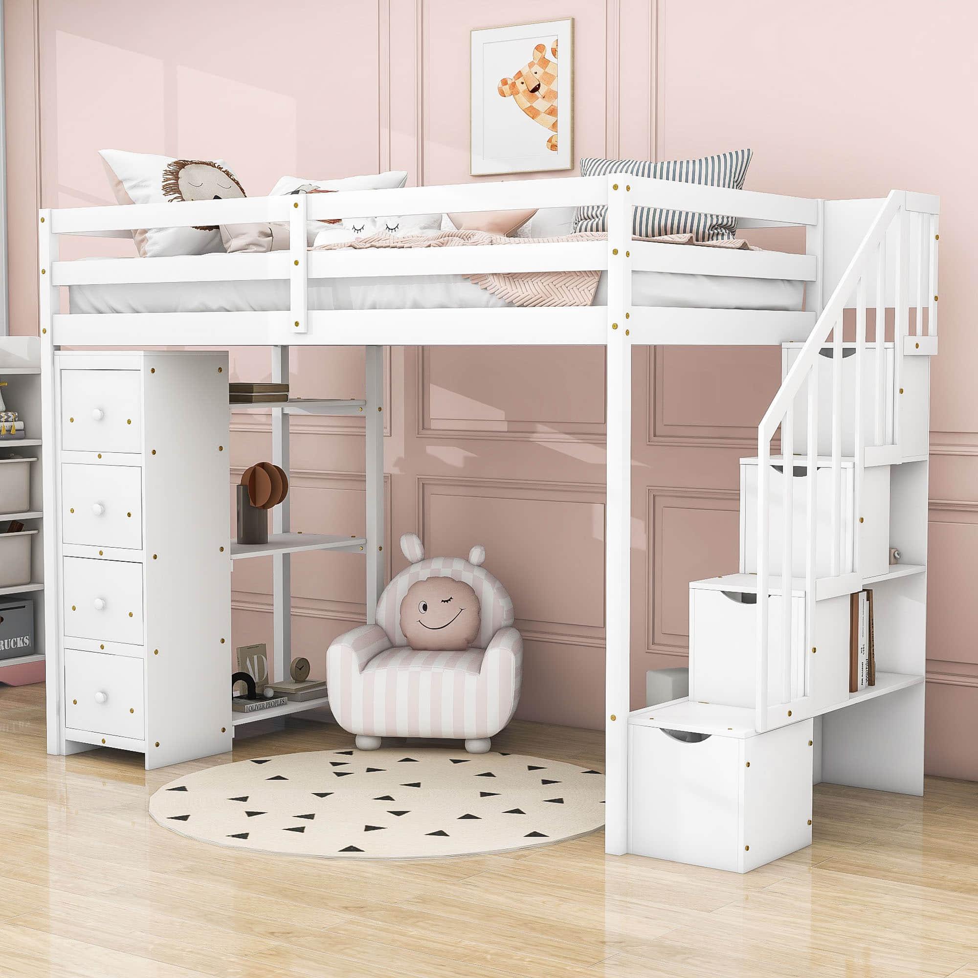 Twin Loft Bed with Stairs and Storage for Kids, Junior - [Wood, Drawers, Shelves]