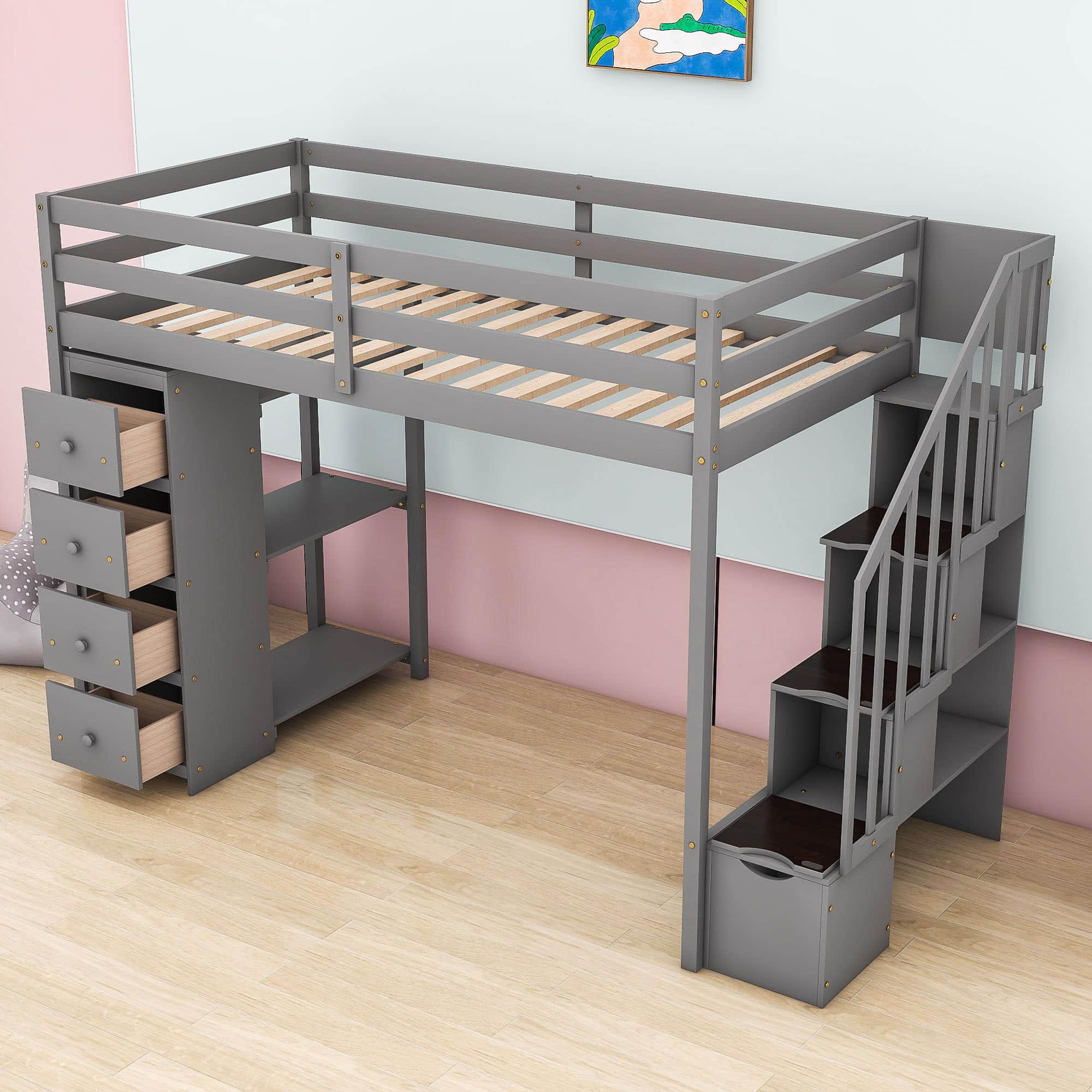 Twin Loft Bed with Stairs and Storage for Kids, Junior - [Wood, Drawers, Shelves]