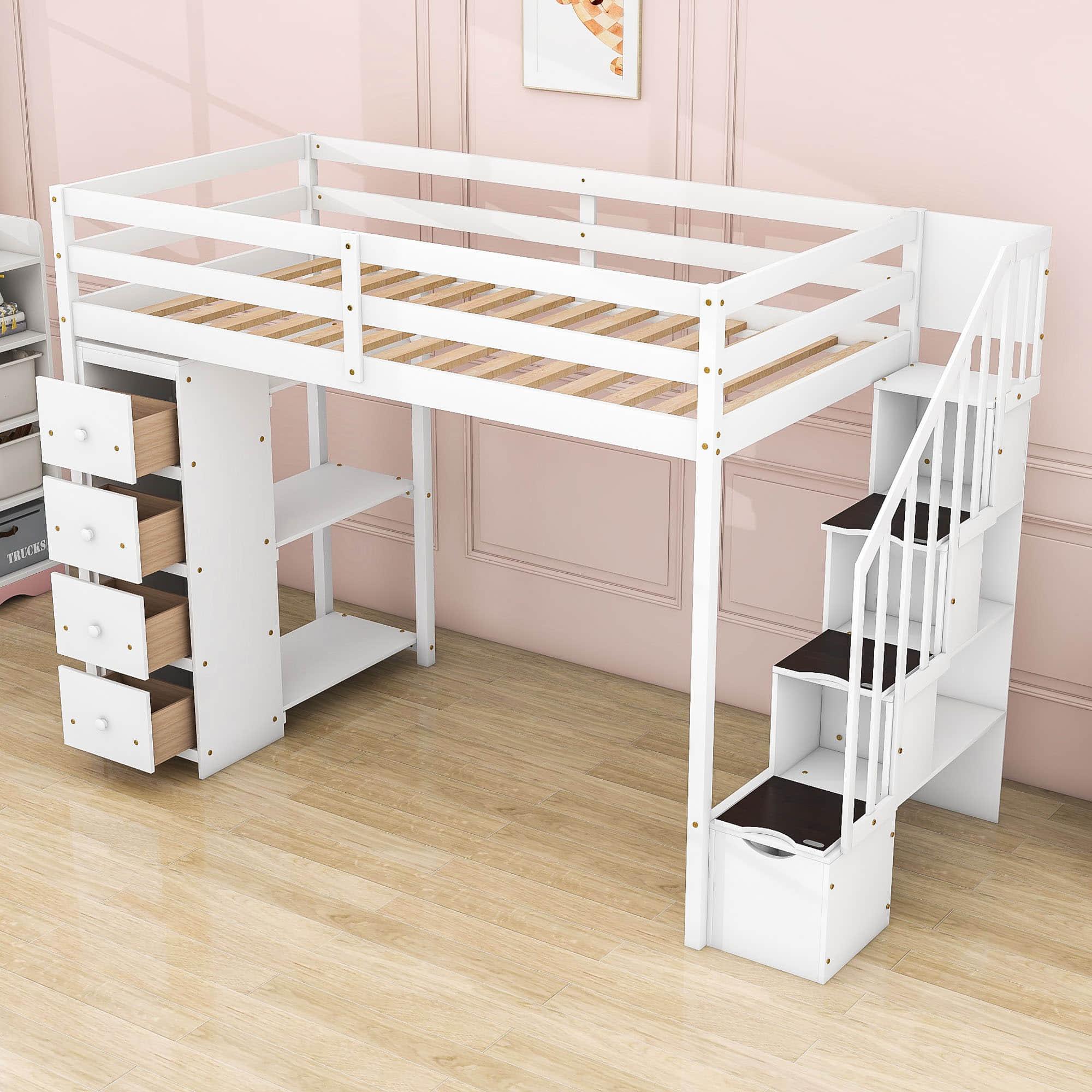 Twin Loft Bed with Stairs and Storage for Kids, Junior - [Wood, Drawers, Shelves]