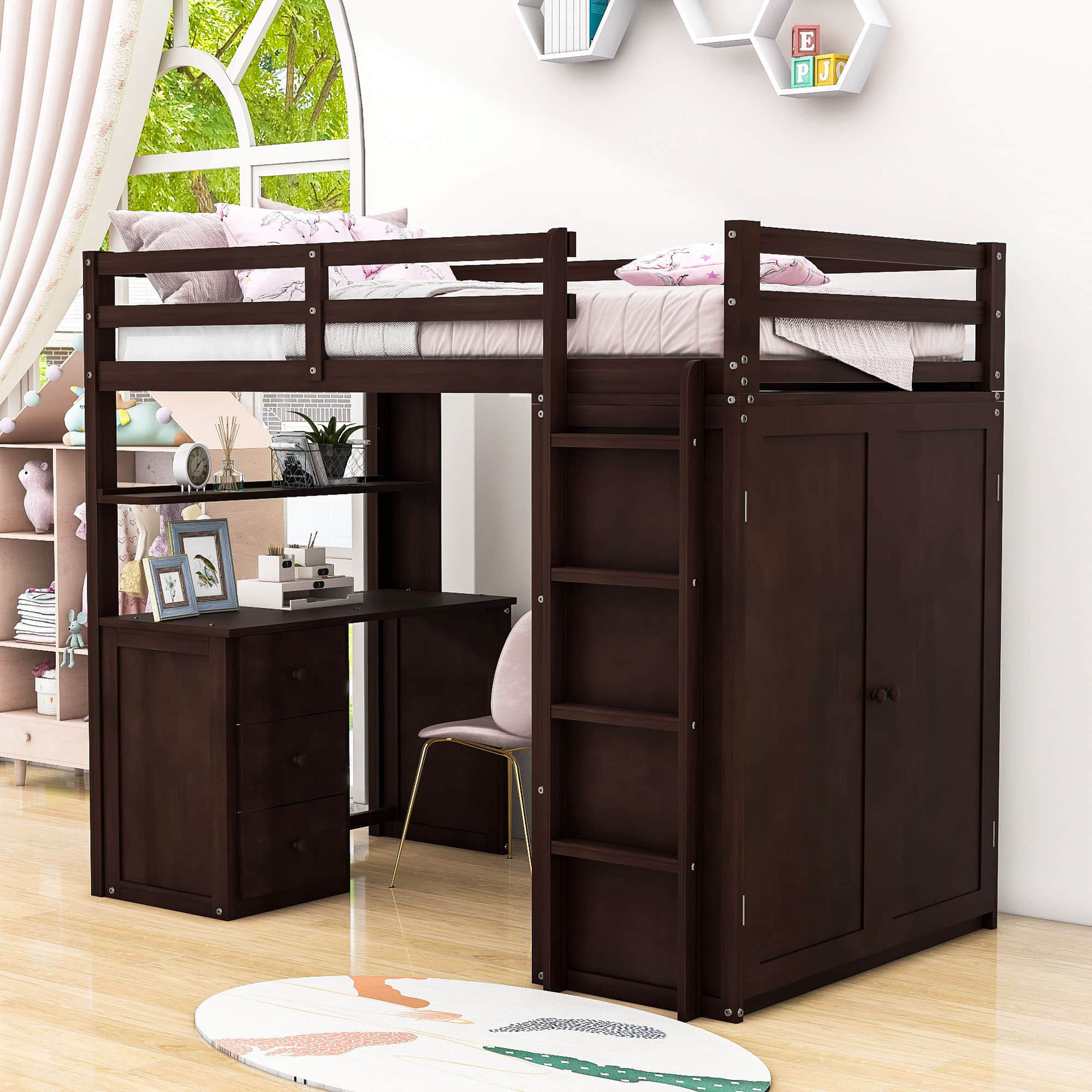 Wood Twin Loft Bed with Desk and Storage for Kids, Adults - [Wardrobe]