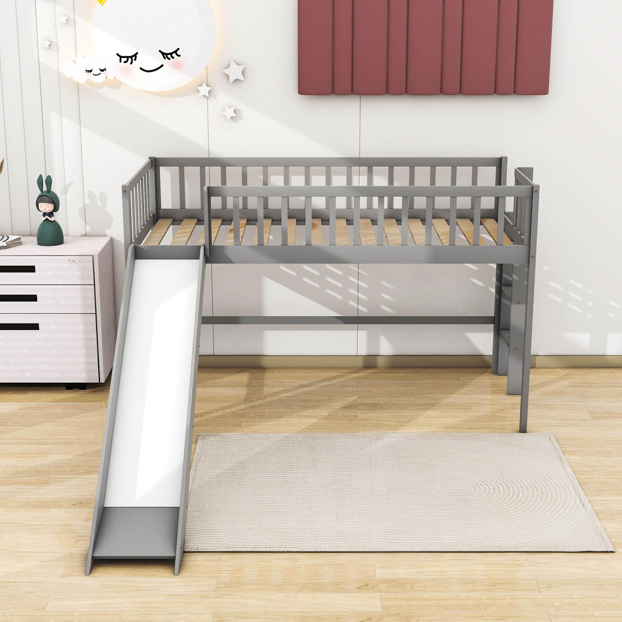 Small Twin Kids Loft Bed with Slide and Ladder - [Wood]