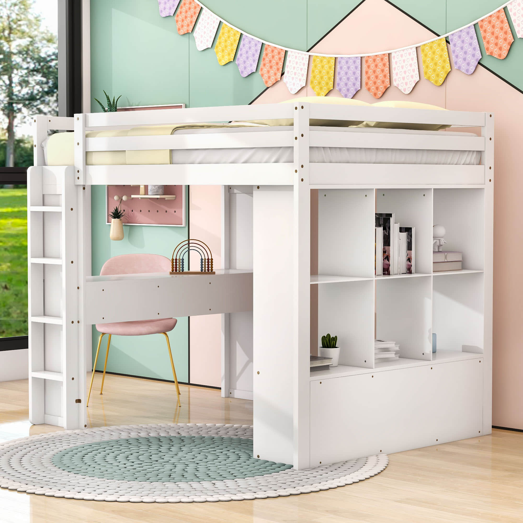 Modern Full Size Loft Bed with Desk and Storage for Adults, Teens