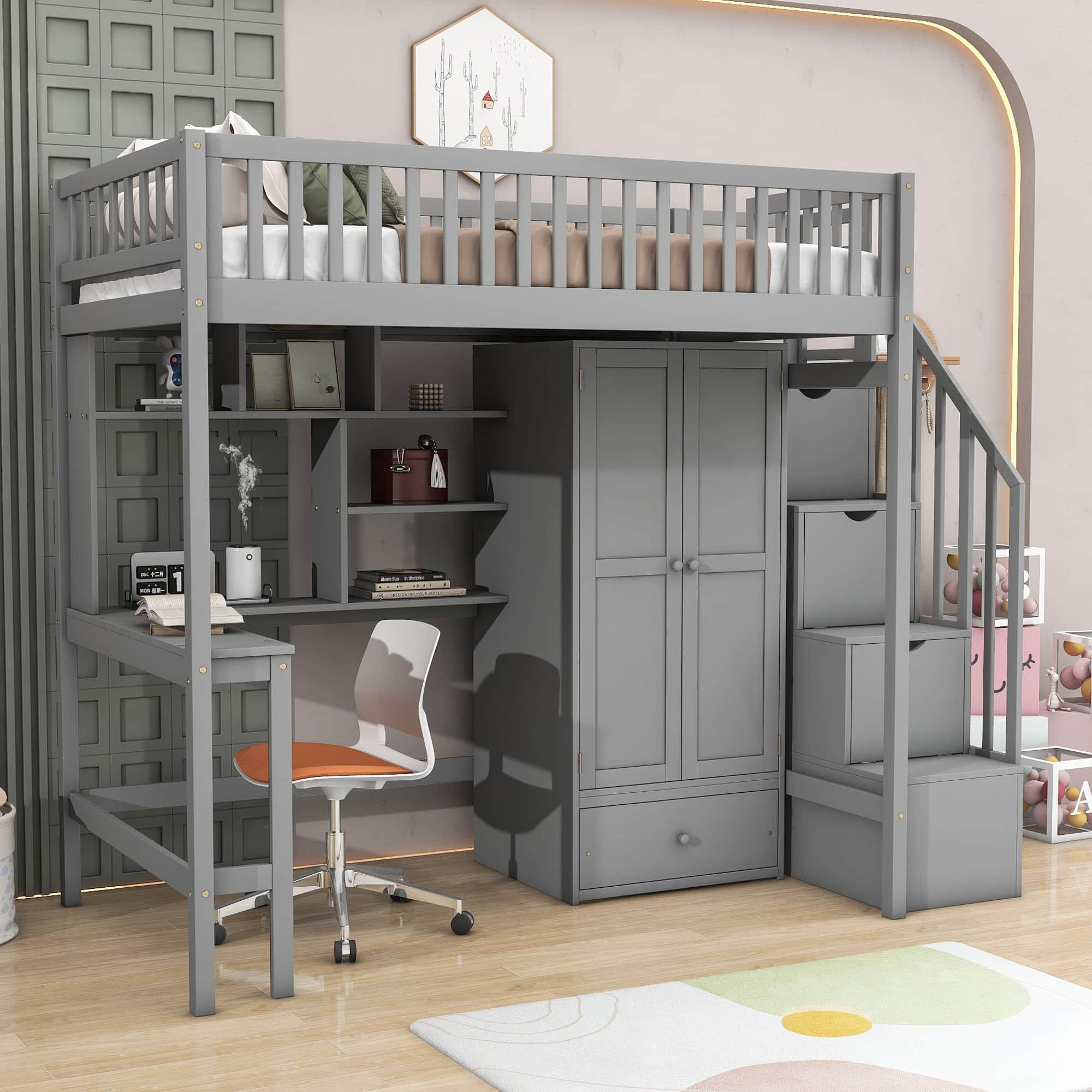 Twin Loft Bed with Desk and Storage Stairs - [Wood, Cabinet, Wardrobe, Shelves]