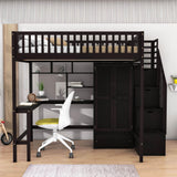 Full Size Loft Bed with Desk and Stairs, Storage - [Wood, Drawers, Wardrobe, Shelves]