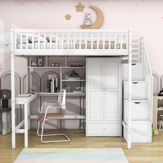 Full Size Loft Bed with Desk and Stairs, Storage - [Wood, Drawers, Wardrobe, Shelves]