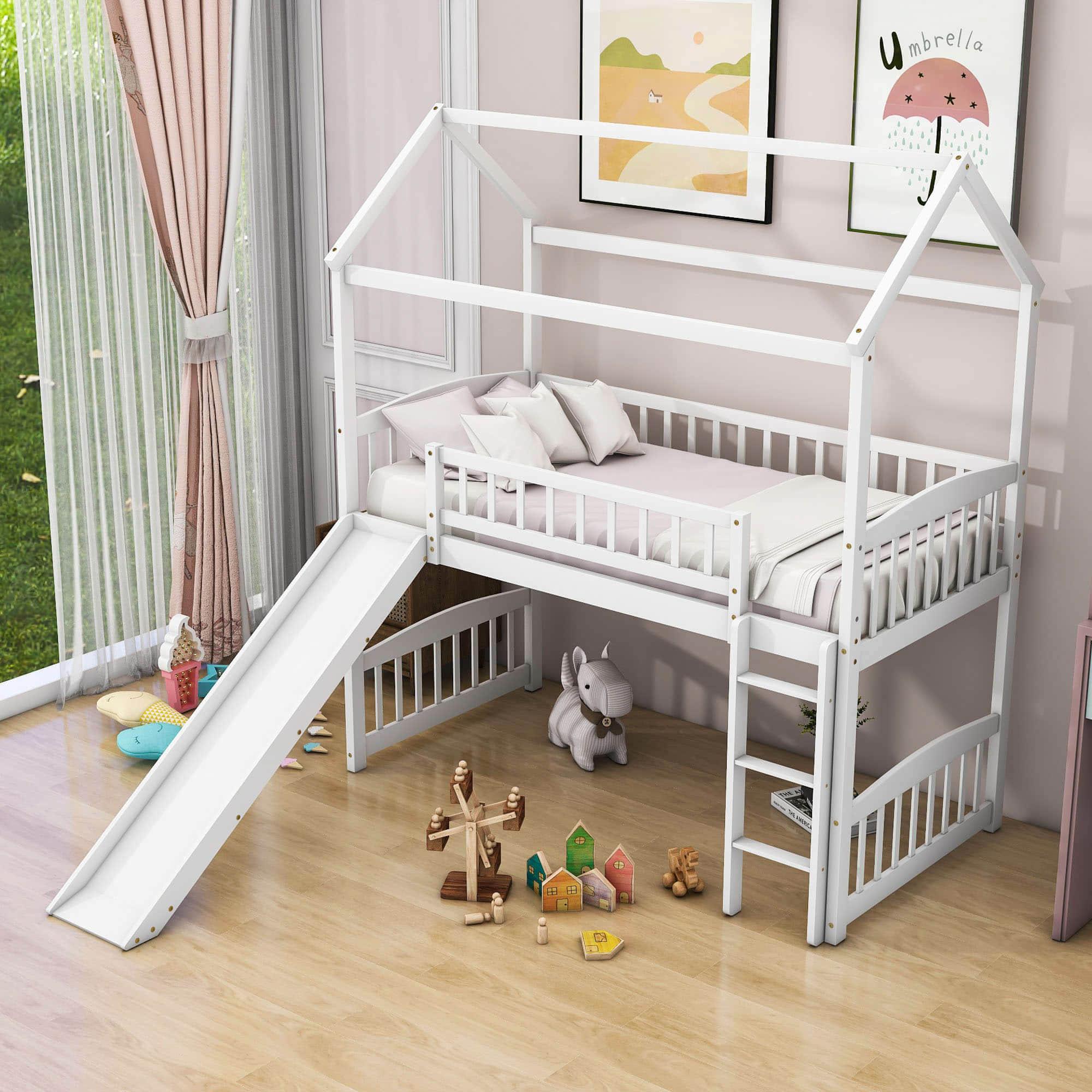 Twin Size Low House Loft Bed with Slide for Kids - [Wood]