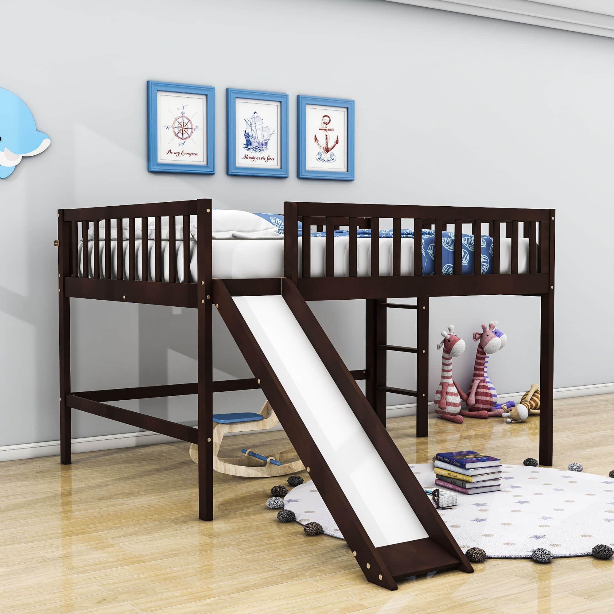 Full Size Low Loft Bed with Slide for Kids Toddler - [Wooden, Fun]