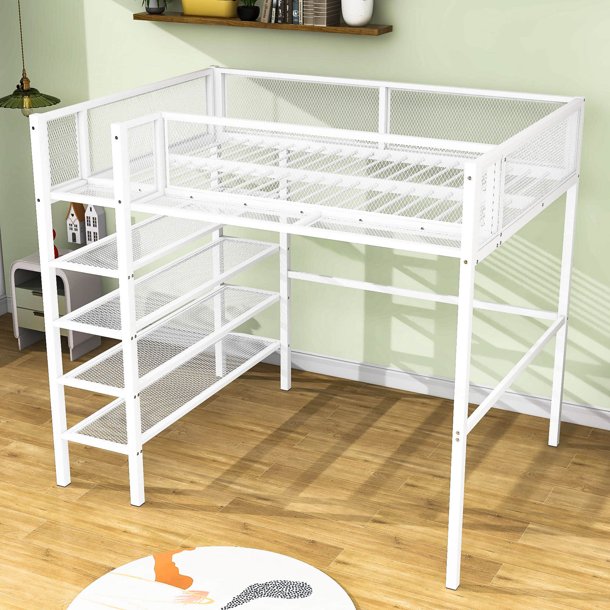 Sturdy Twin Metal Loft Bed Frame with Storage Shelves for Adults, Kids