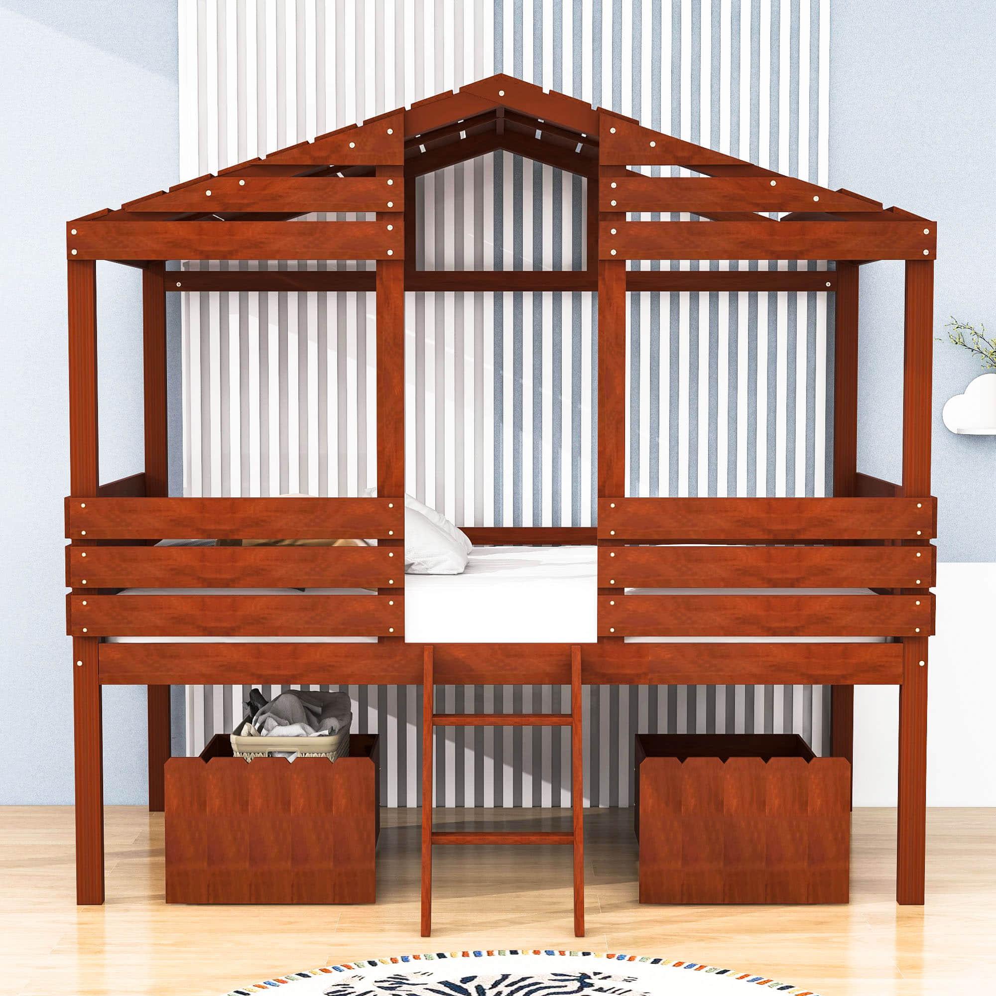 Twin Low Loft FarmHouse Bed with Storage Drawers for Kids - [Wood]