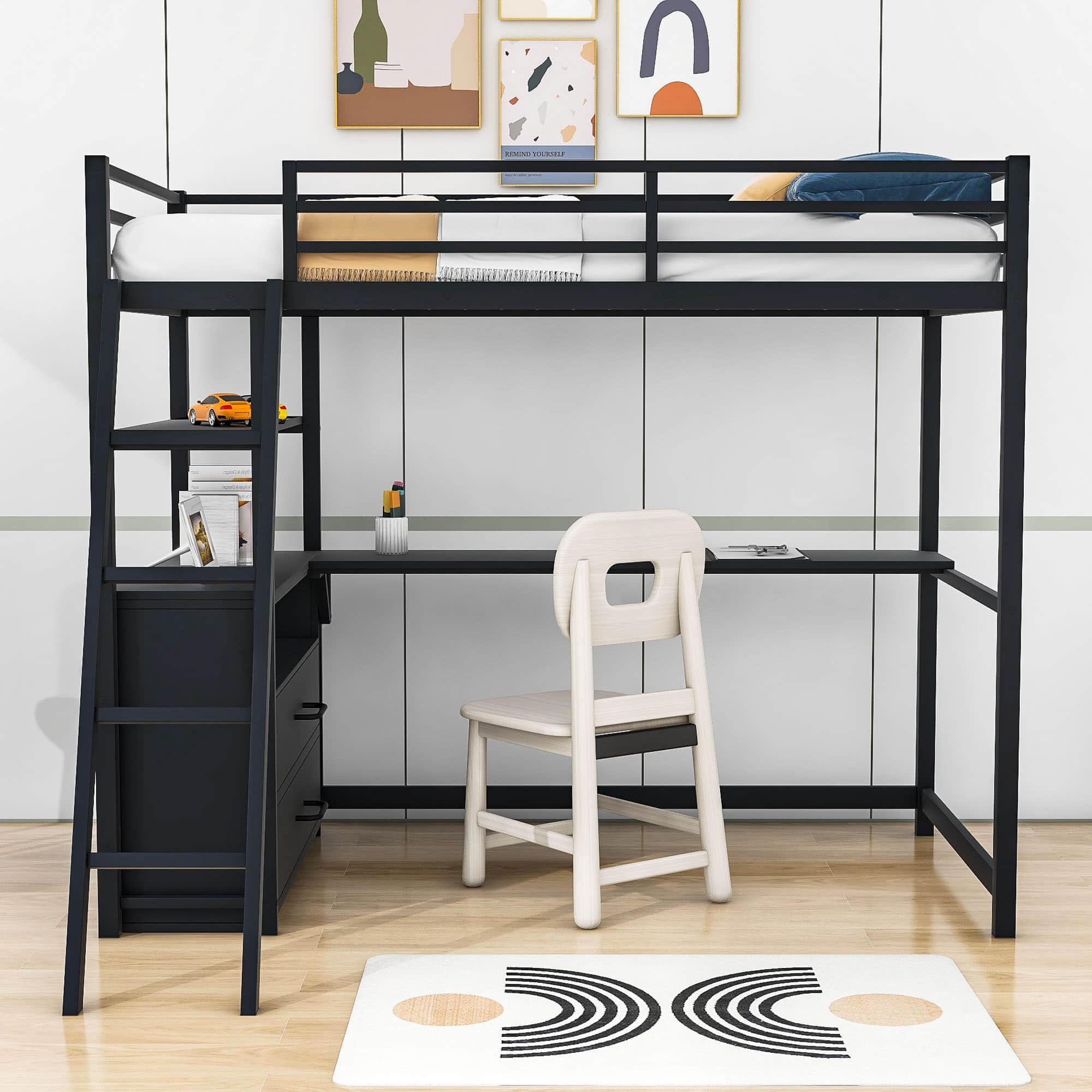 Metal Twin Size Loft Bed with Desk and Storage for College, Dorms