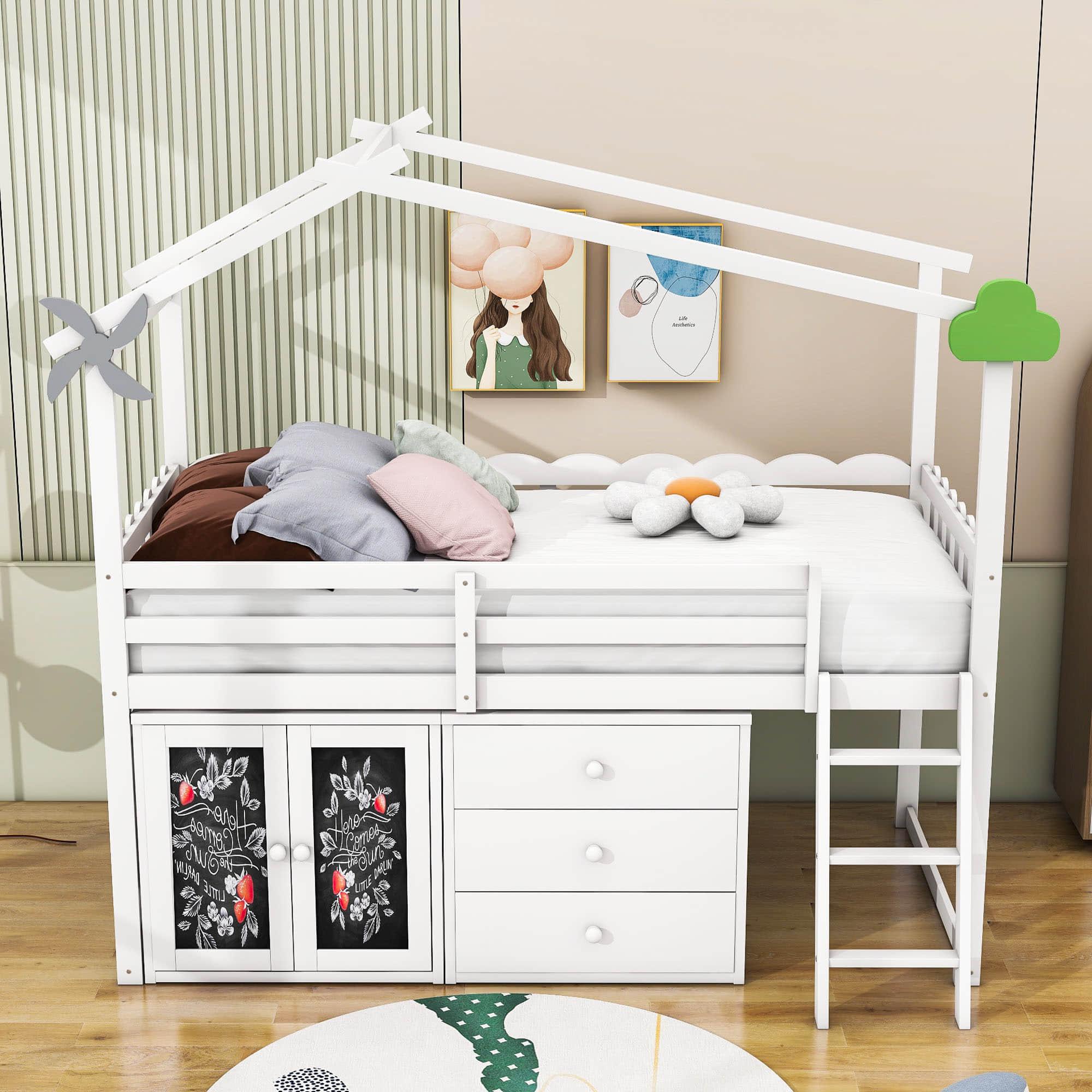 Twin Size Low House Loft Bed with Storage for Kids - [Cabinet, Drawers]