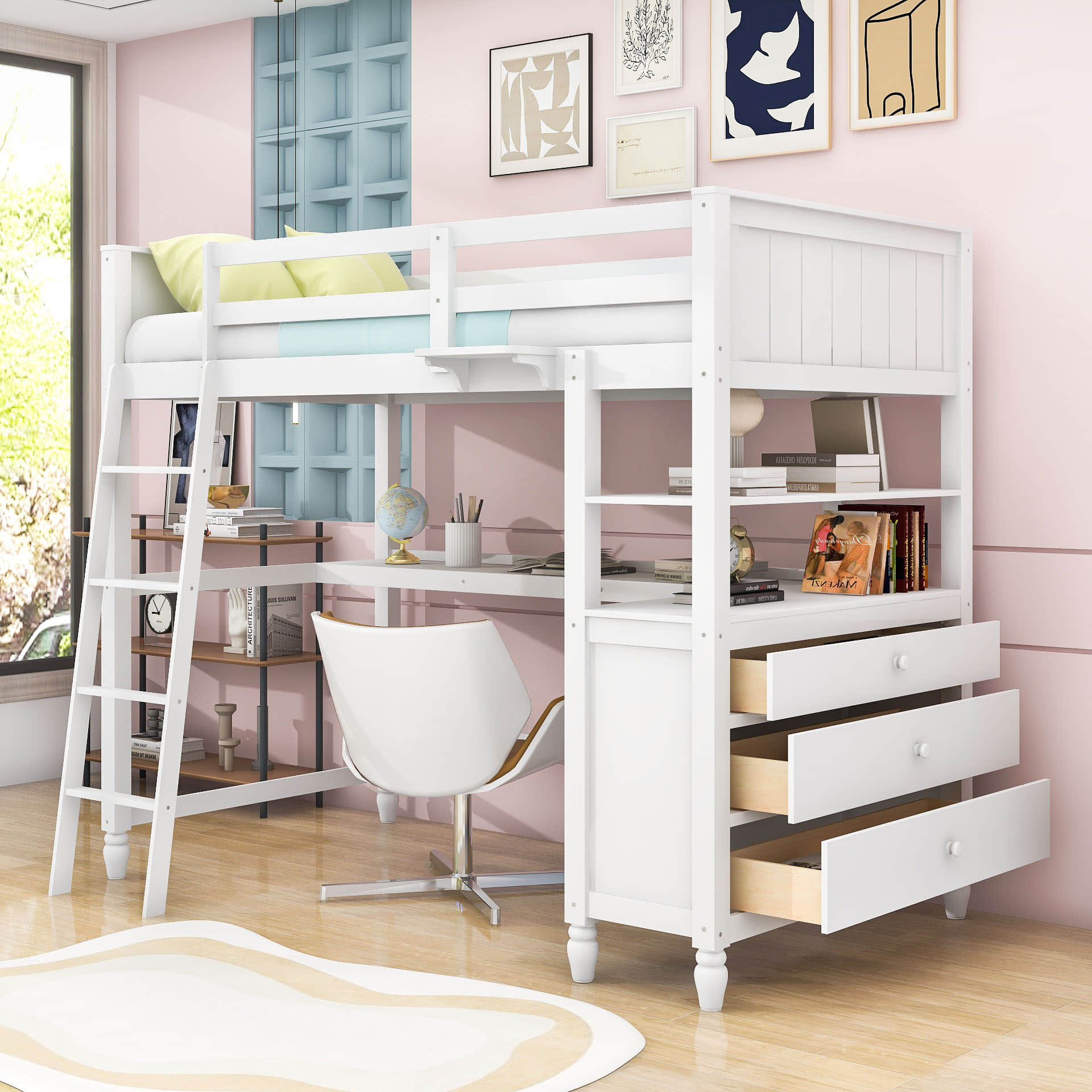 Twin Size Convertible Loft Bed with Desk and Storage - [Dresser, Shelves]