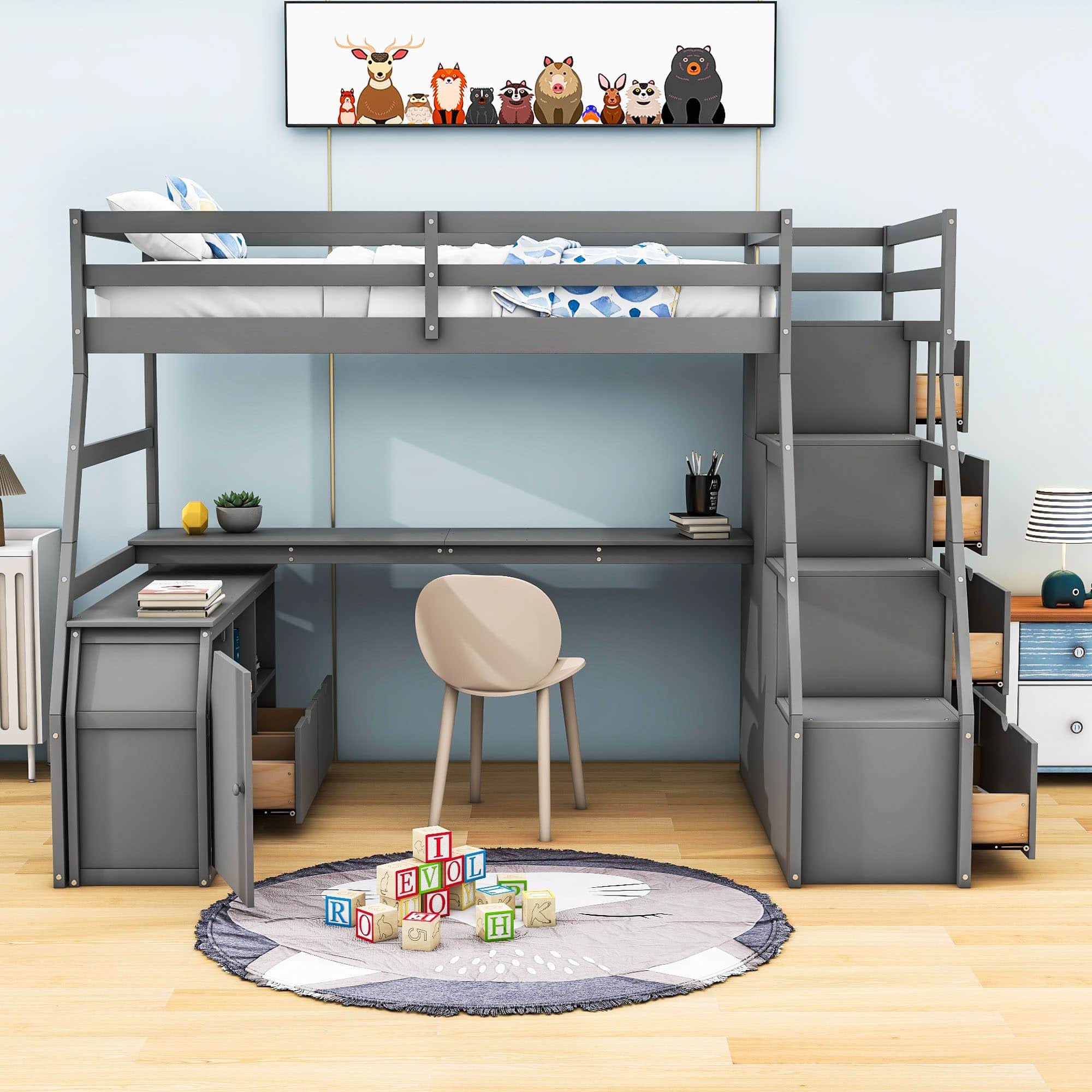 Twin Loft Bed with Desk and Stairs, Storage for Teens, Kids - [Drawers]