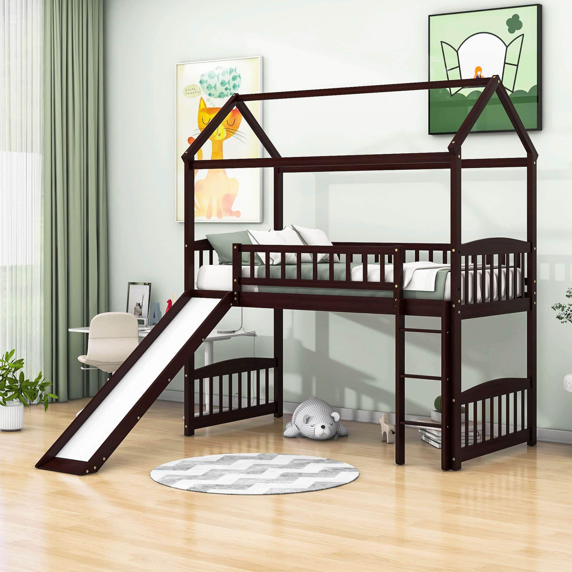 Twin Size Low House Loft Bed with Slide for Kids - [Wood]