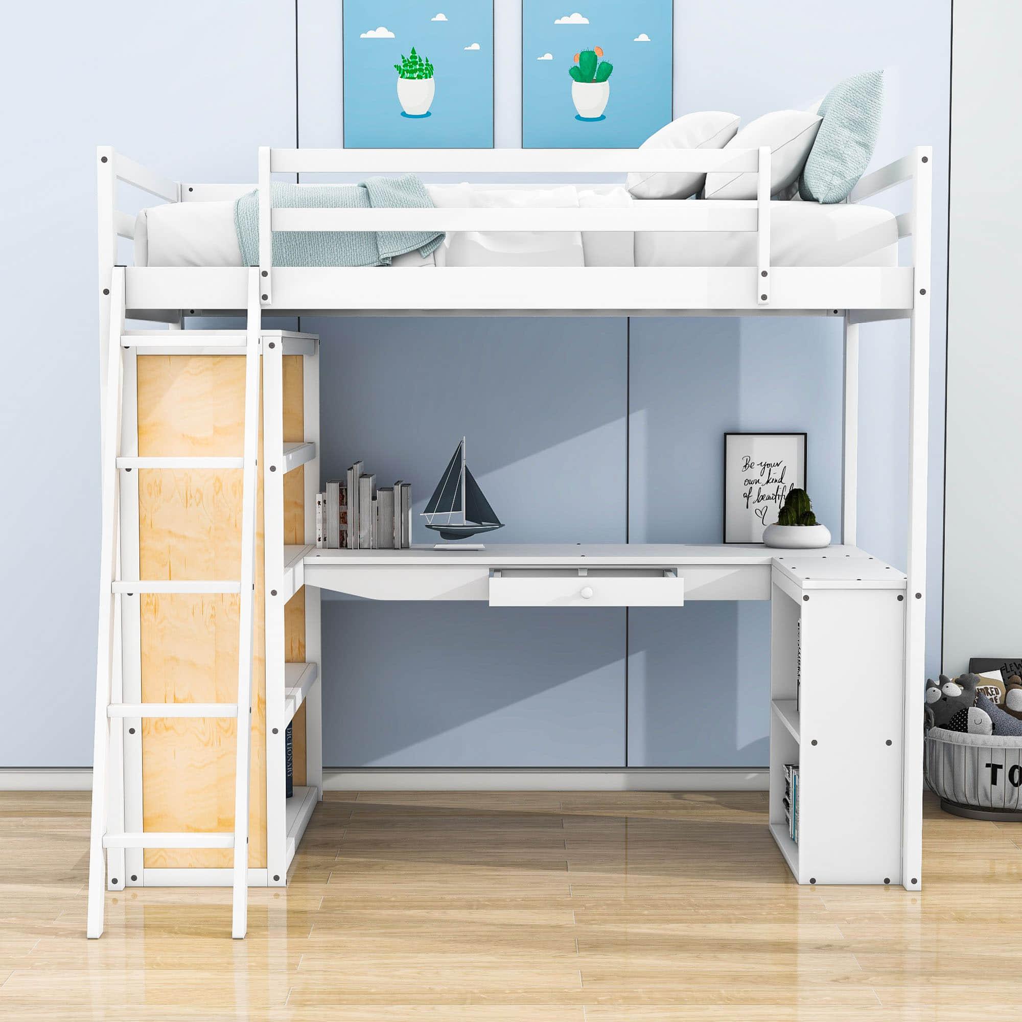 Twin Loft Bed with Desk and Storage Shelves for Adults, Teens