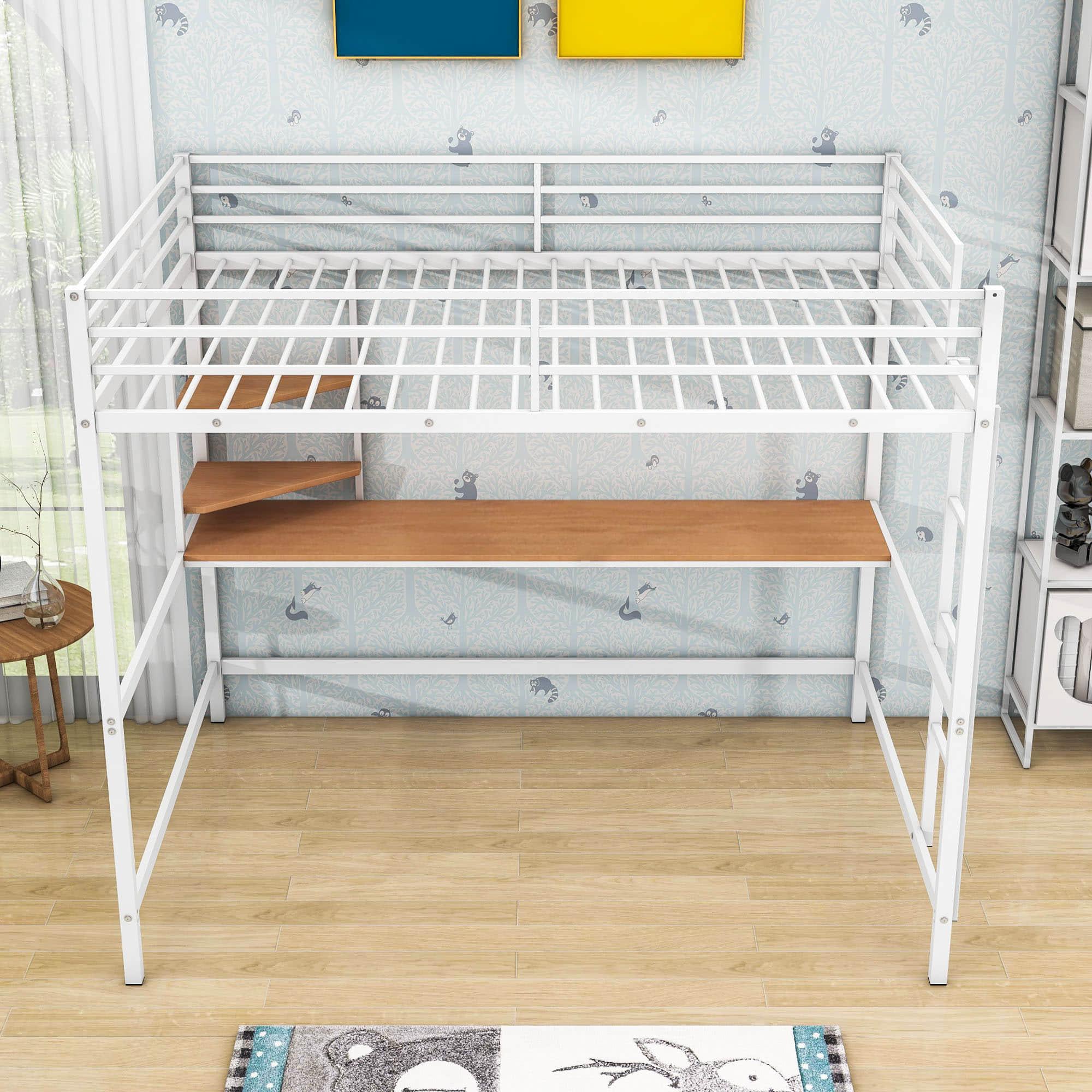 Full Size Metal Loft Bed with Desk and Shelves for Kids, Adults, Teens