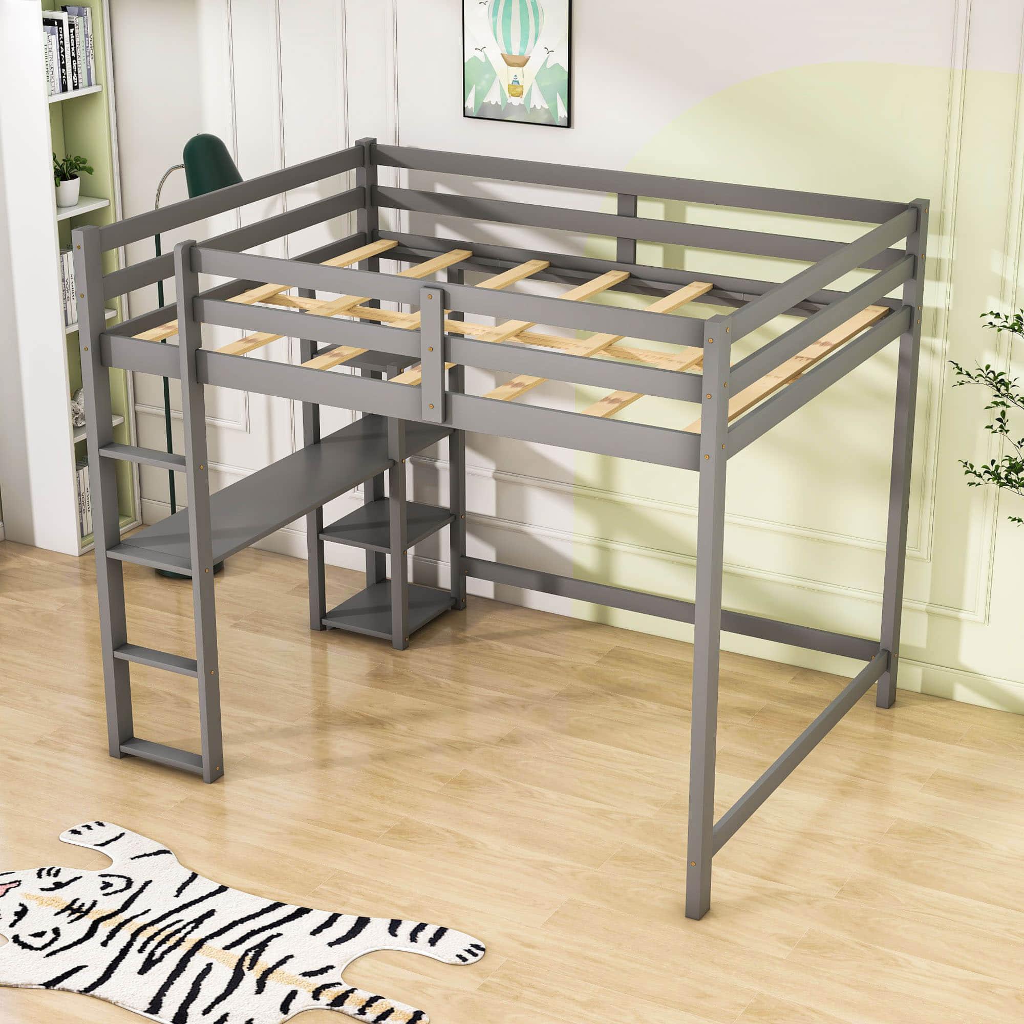 Heavy-Duty Full Size Loft Bed with Desk and Shelves for Adult, Junior - [Wood, Medium]