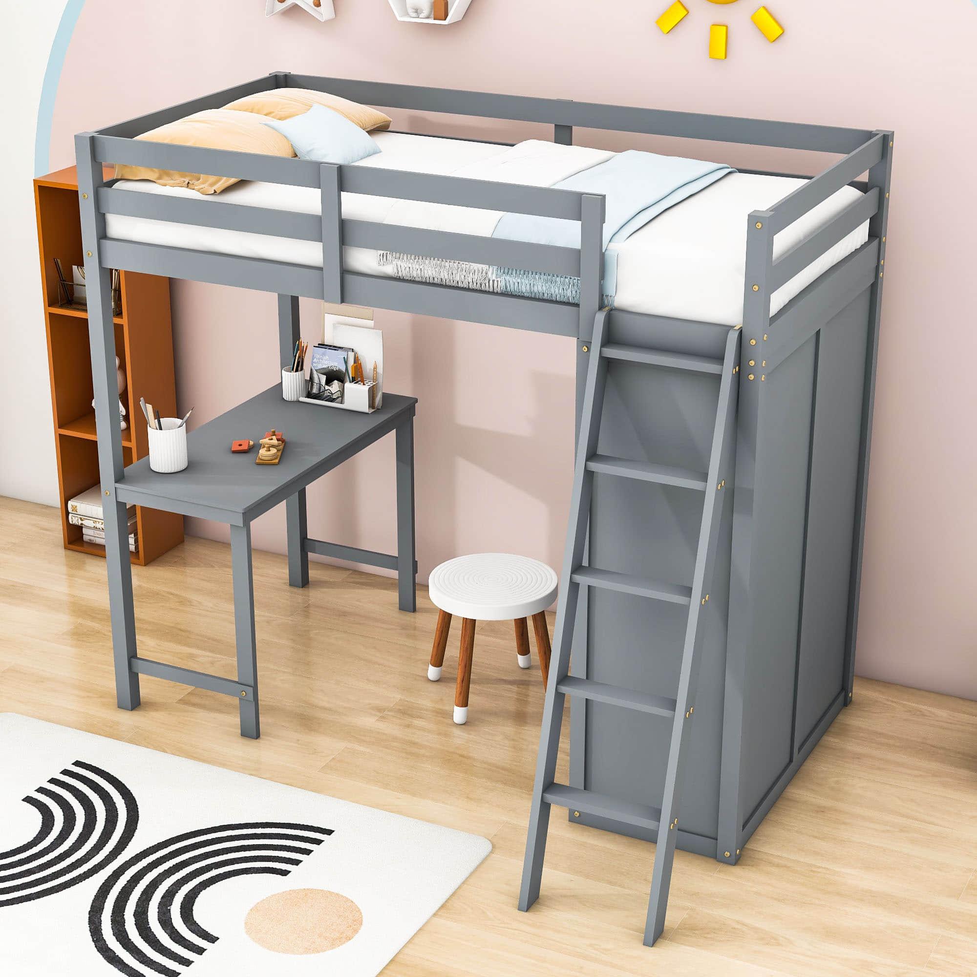 Wood Twin Loft Bed with Desk and Storage for Adults, Kids - [Wardrobe]