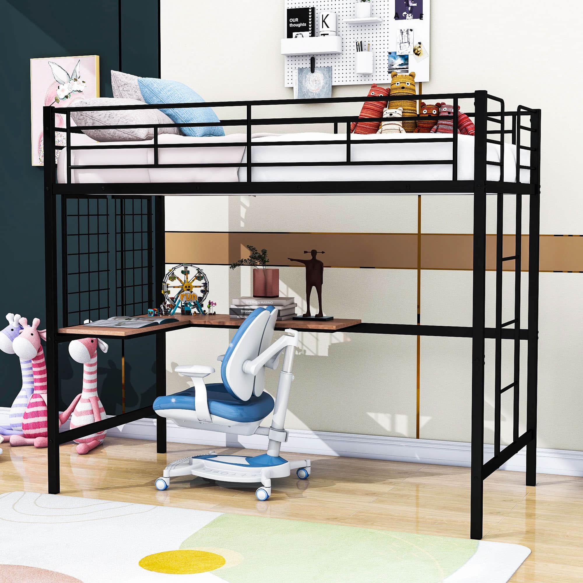 Twin Metal Loft Bed Frame with L-Shaped Desk and Grid