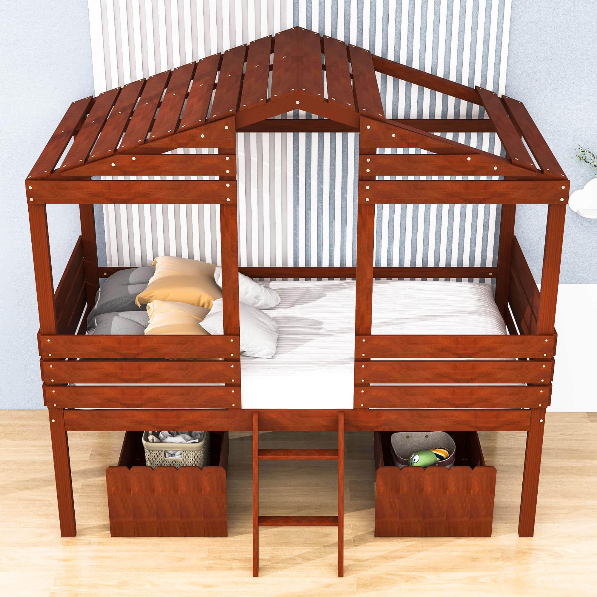 Twin Low Loft FarmHouse Bed with Storage Drawers for Kids - [Wood]