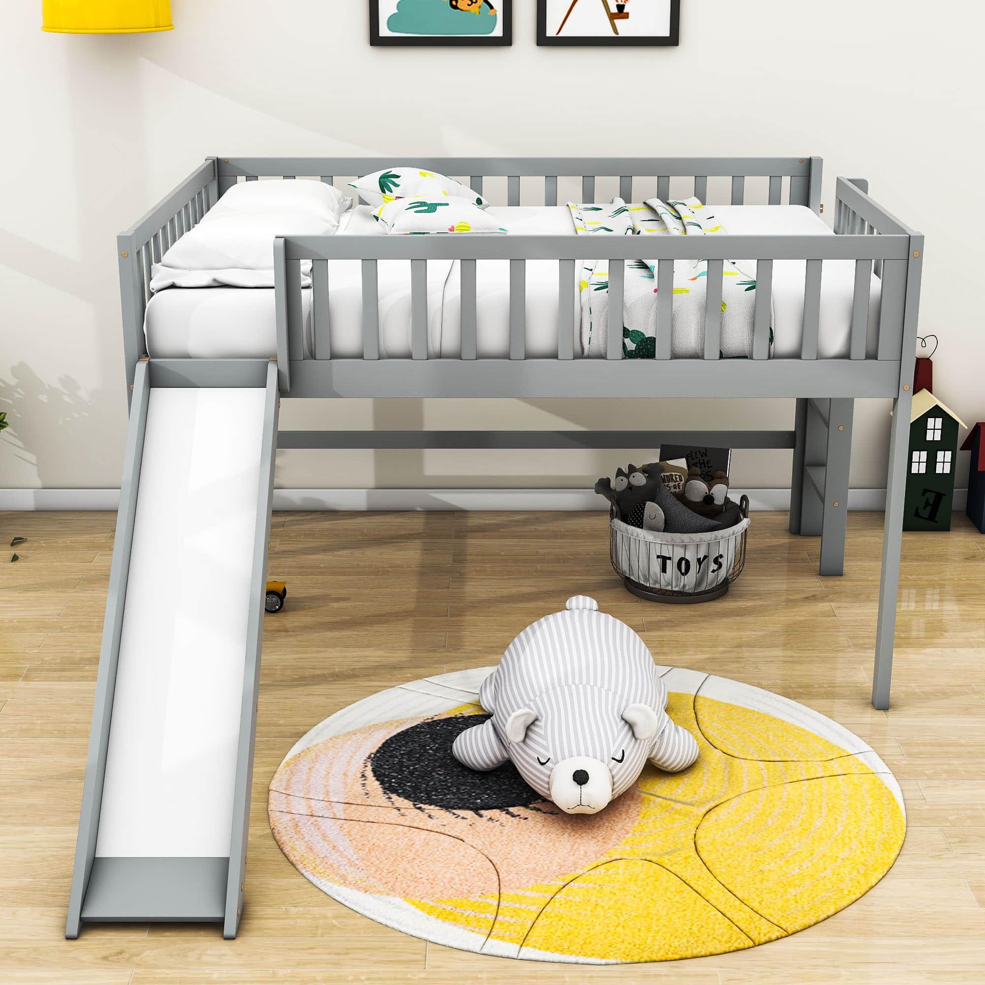 Full Size Low Loft Bed with Slide for Kids Toddler - [Wooden, Fun]