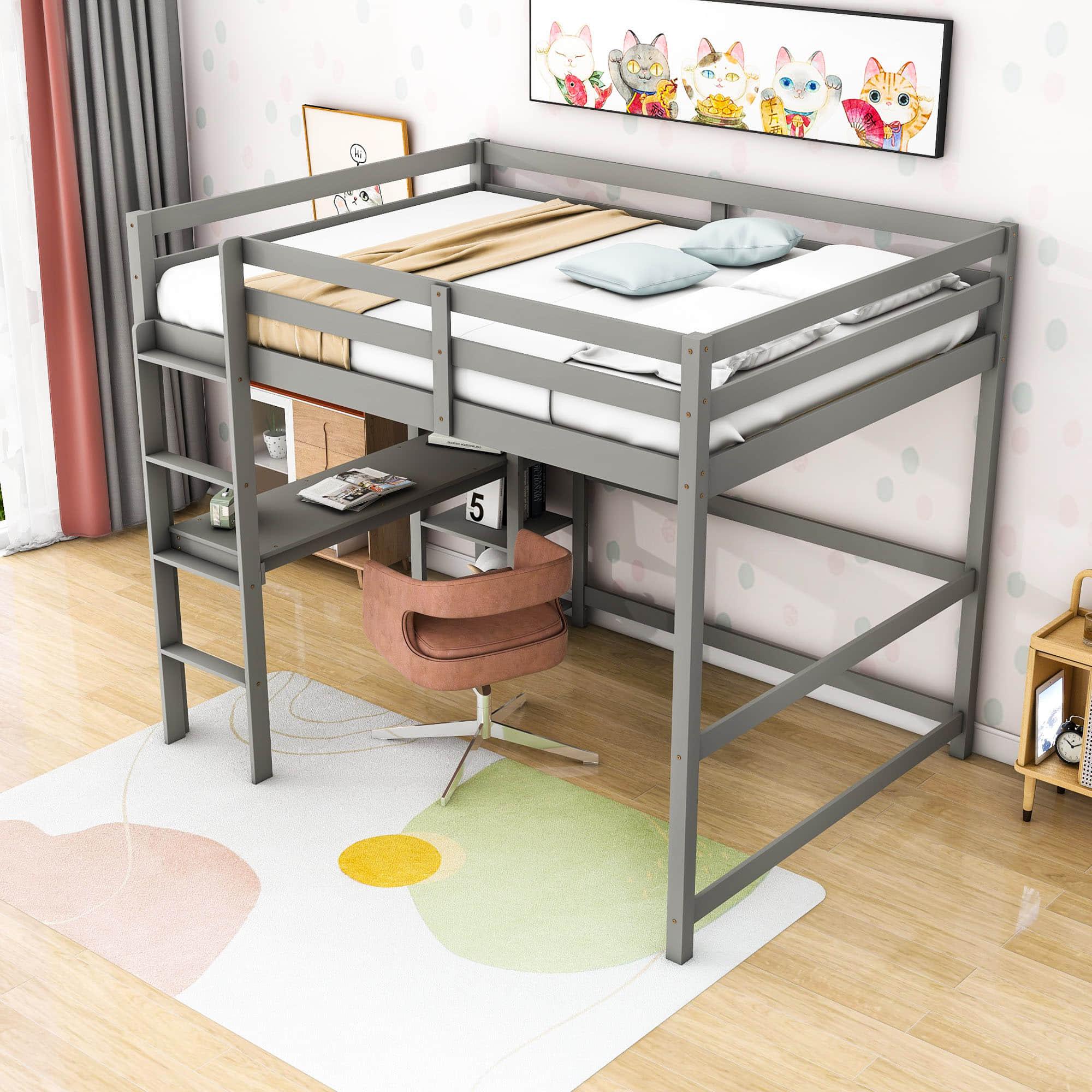 Wood Full Size Loft Bed with Desk and Storage Shelves for Kids, Teens