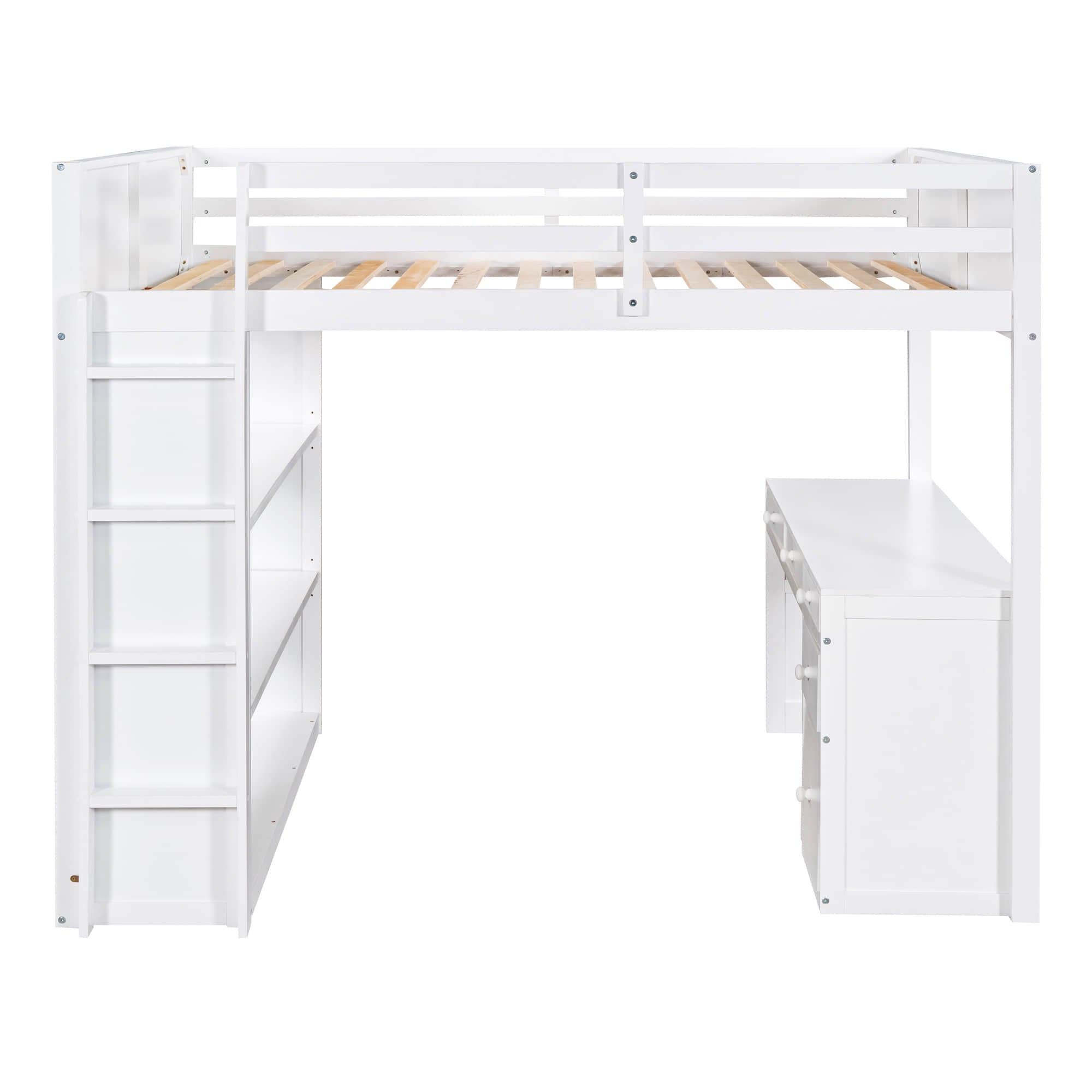 Full Size Loft Bed with Desk and Storage Drawers, Shelves for Adults, Kids - [Wood]