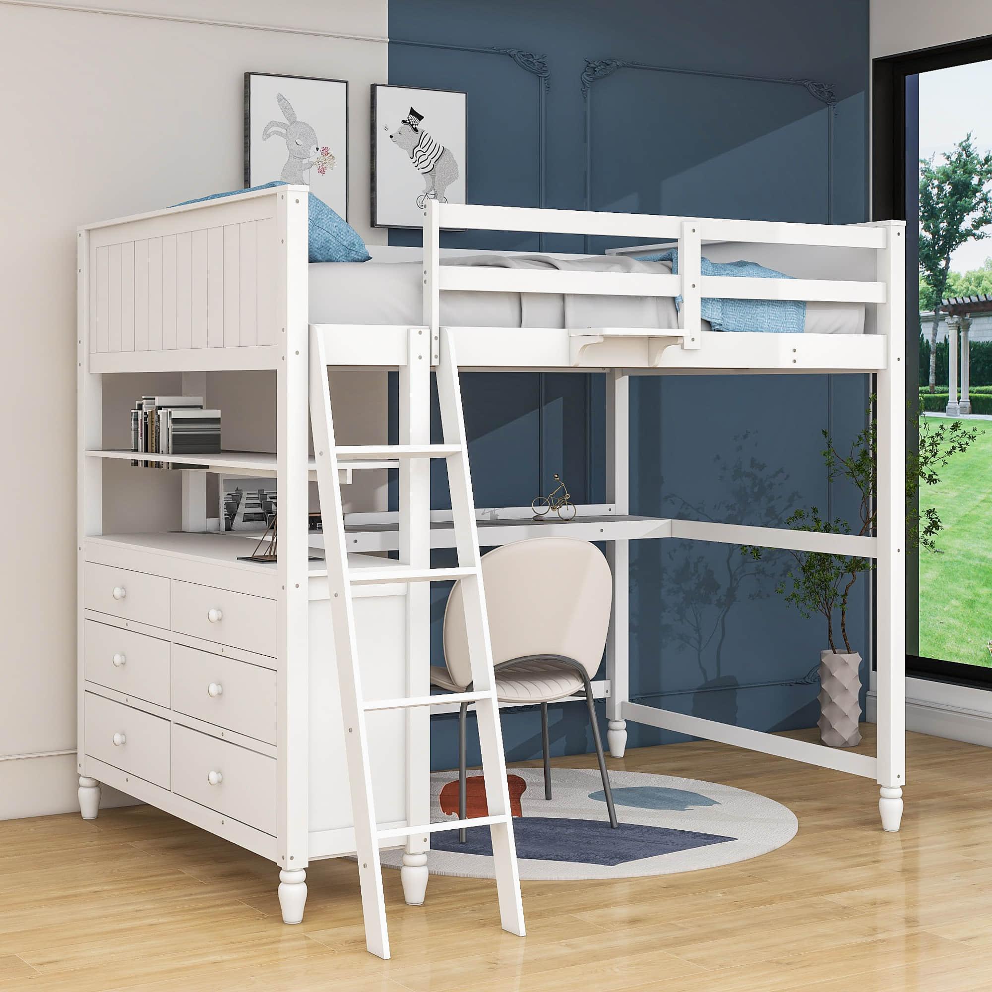 Full Size Loft Bed with Desk and Storage Dresser for Adult, Kids - [Wood, Drawers, Shelves]