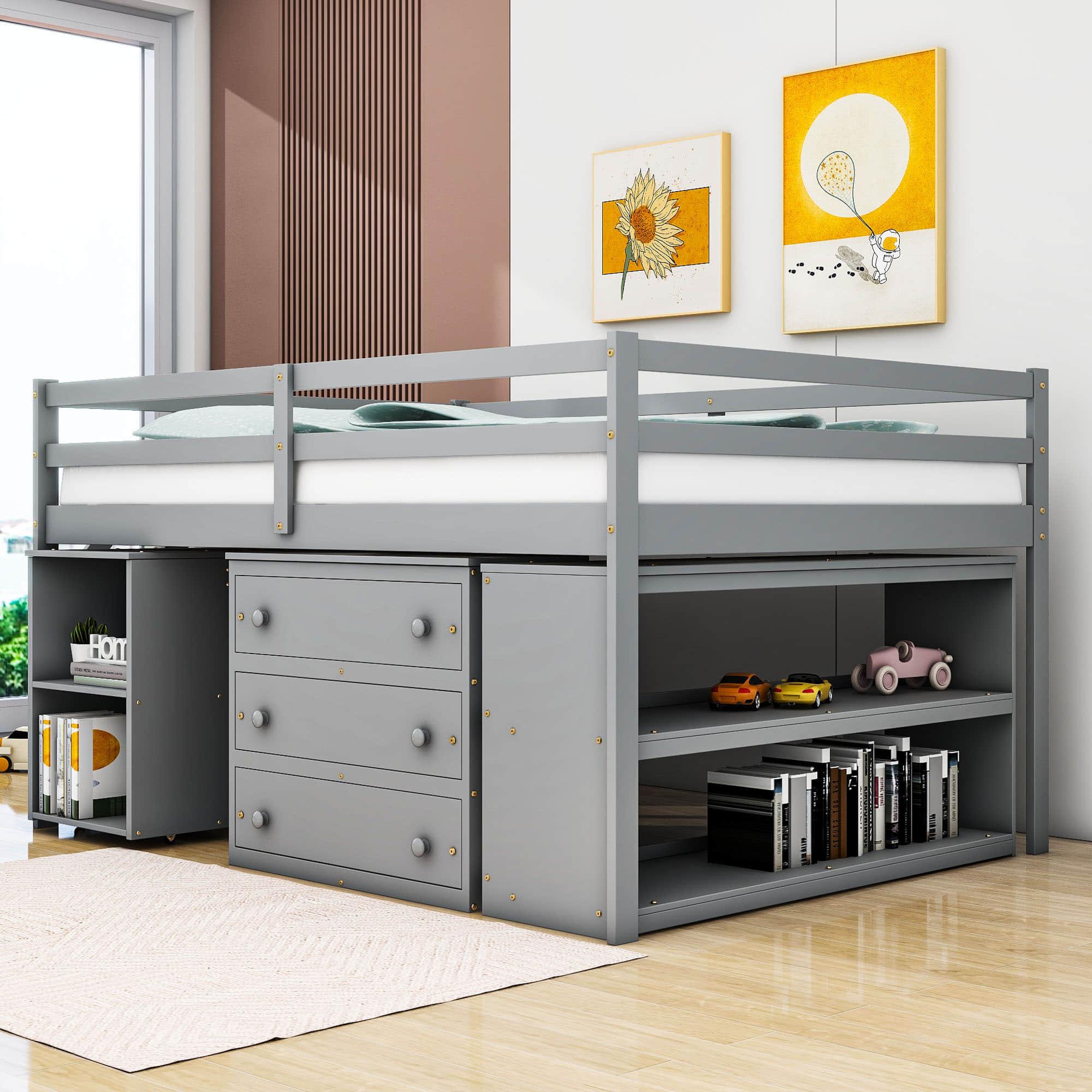 Full Size Kids Low Loft Bed with Desk and Stairs, Storage - [Dresser]