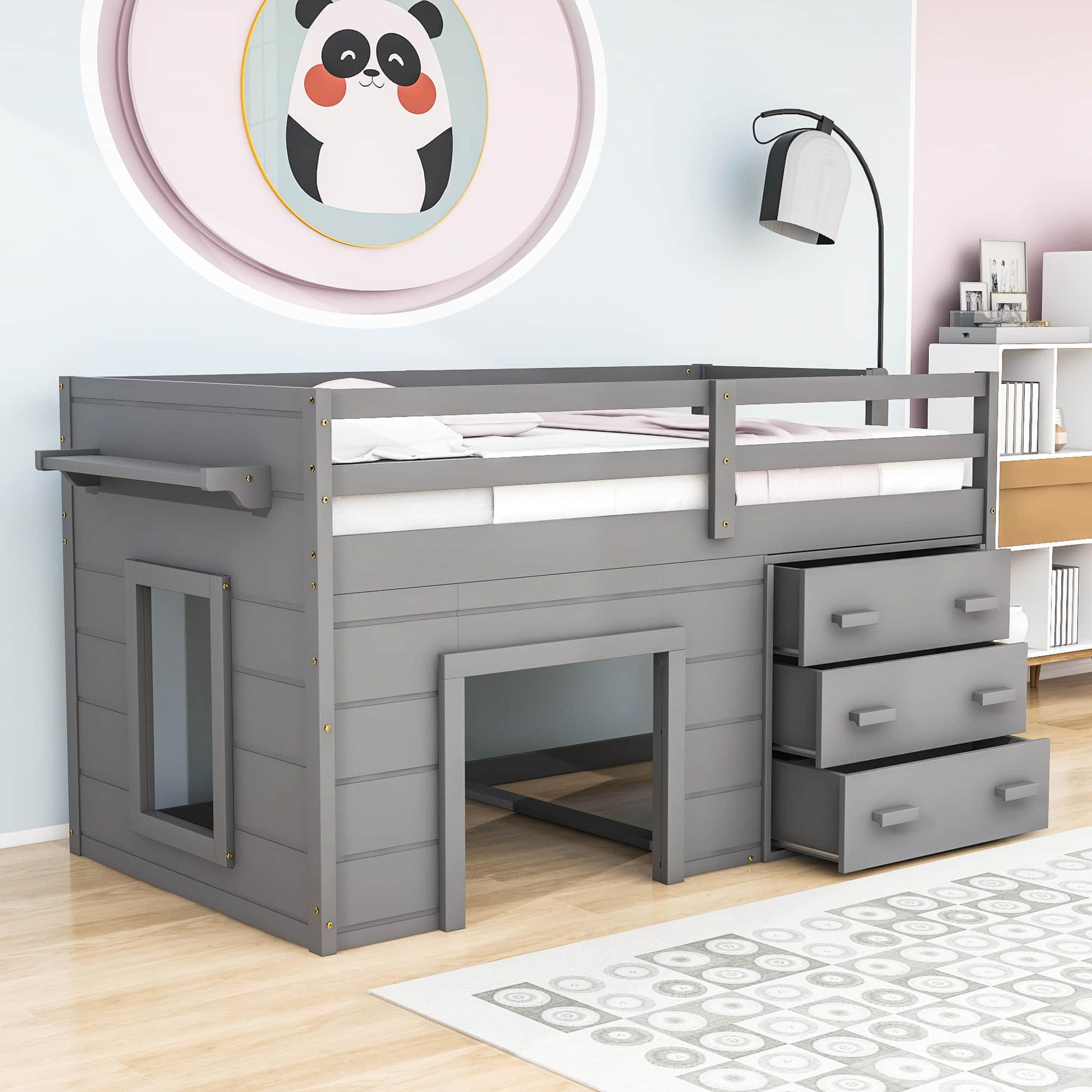 Low Twin Loft Bed with Detachable Storage Dresser for Kids - [Wood, Playhouse, Drawers]