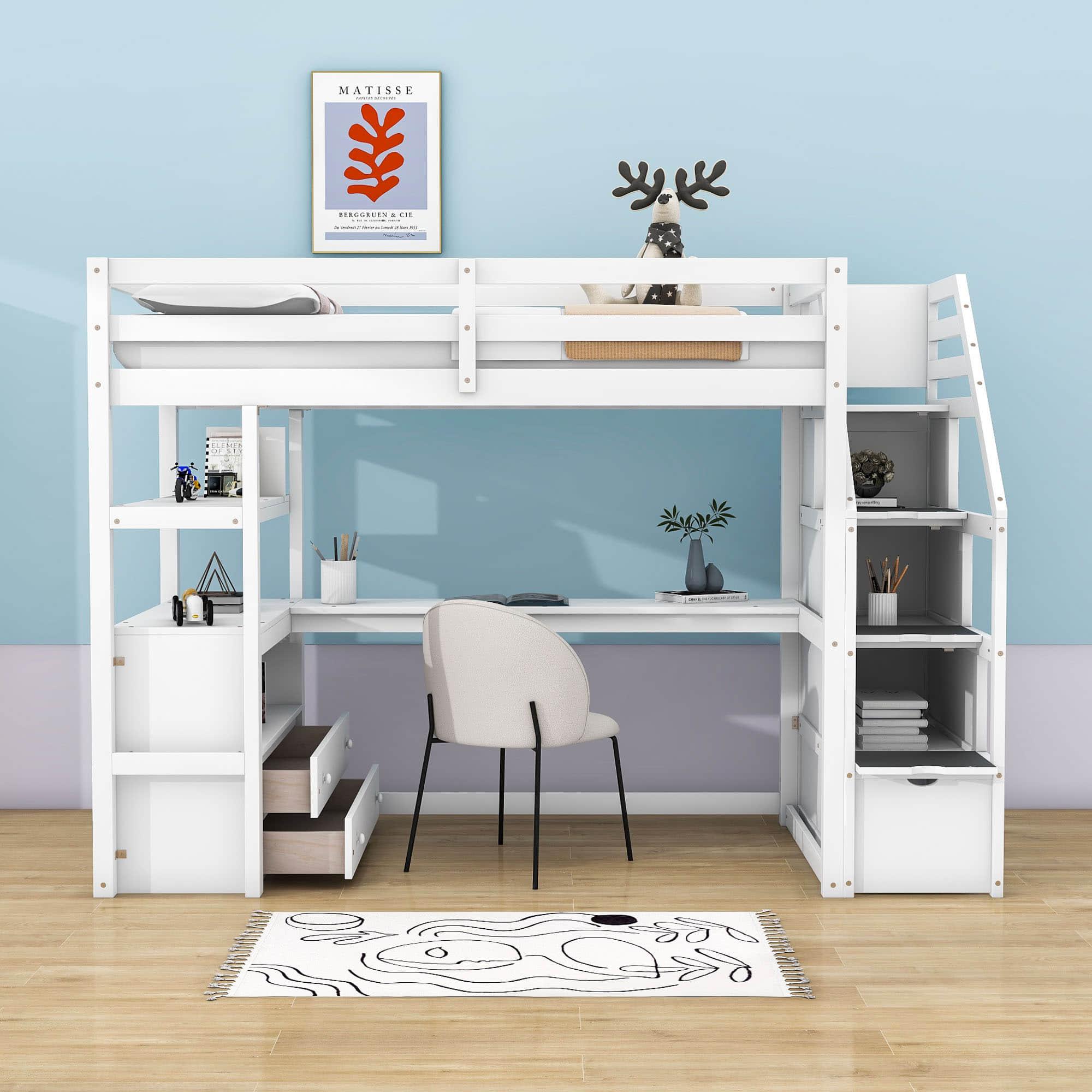 Twin Loft Bed with Desk and Stairs, Storage for Kids, Adults - [Wooden]