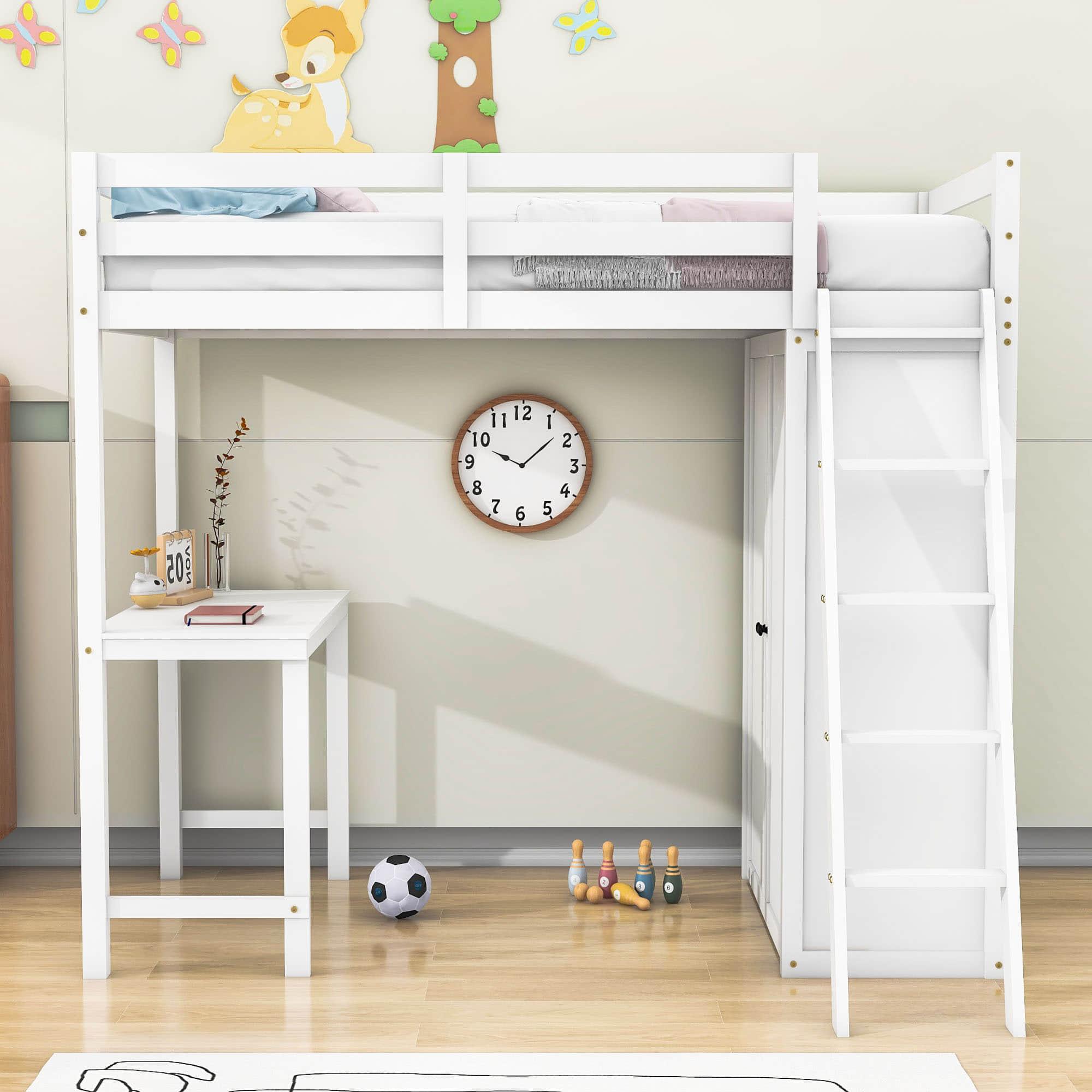 Wood Twin Loft Bed with Desk and Storage for Adults, Kids - [Wardrobe]