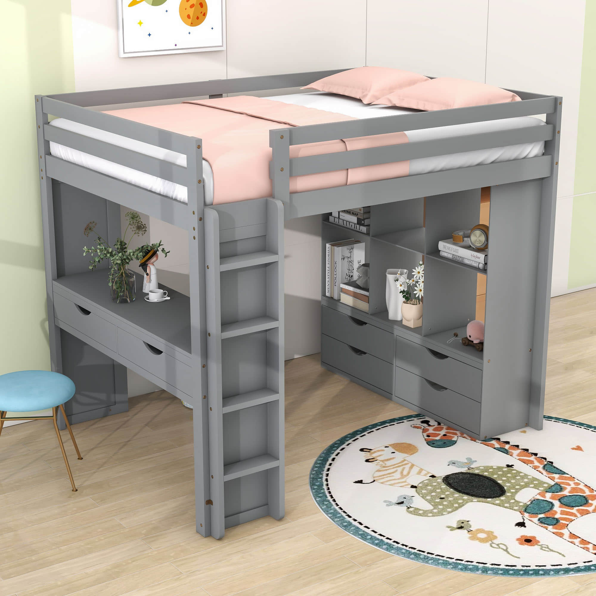 Modern Full Size Loft Bed with Desk and Storage for Adults, Teens